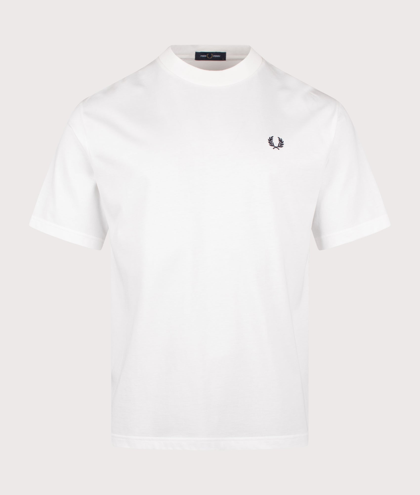 Fred Perry Relaxed Fit Back Print Fred Perry Text T-Shirt in Snow White at EQVVS Menswear. Front shot.
