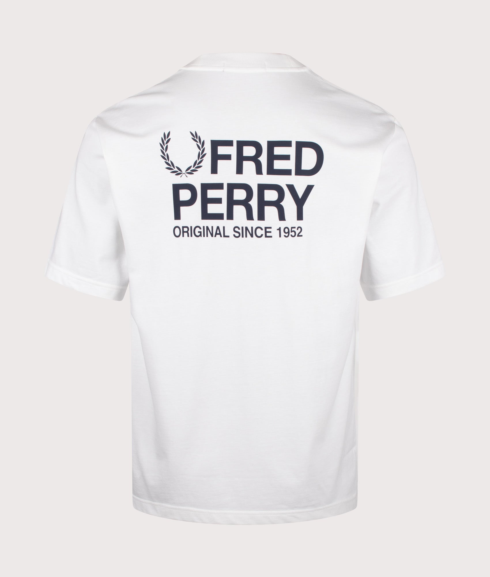 Fred Perry Relaxed Fit Back Print Fred Perry Text T-Shirt in Snow White at EQVVS Menswear. Back shot.
