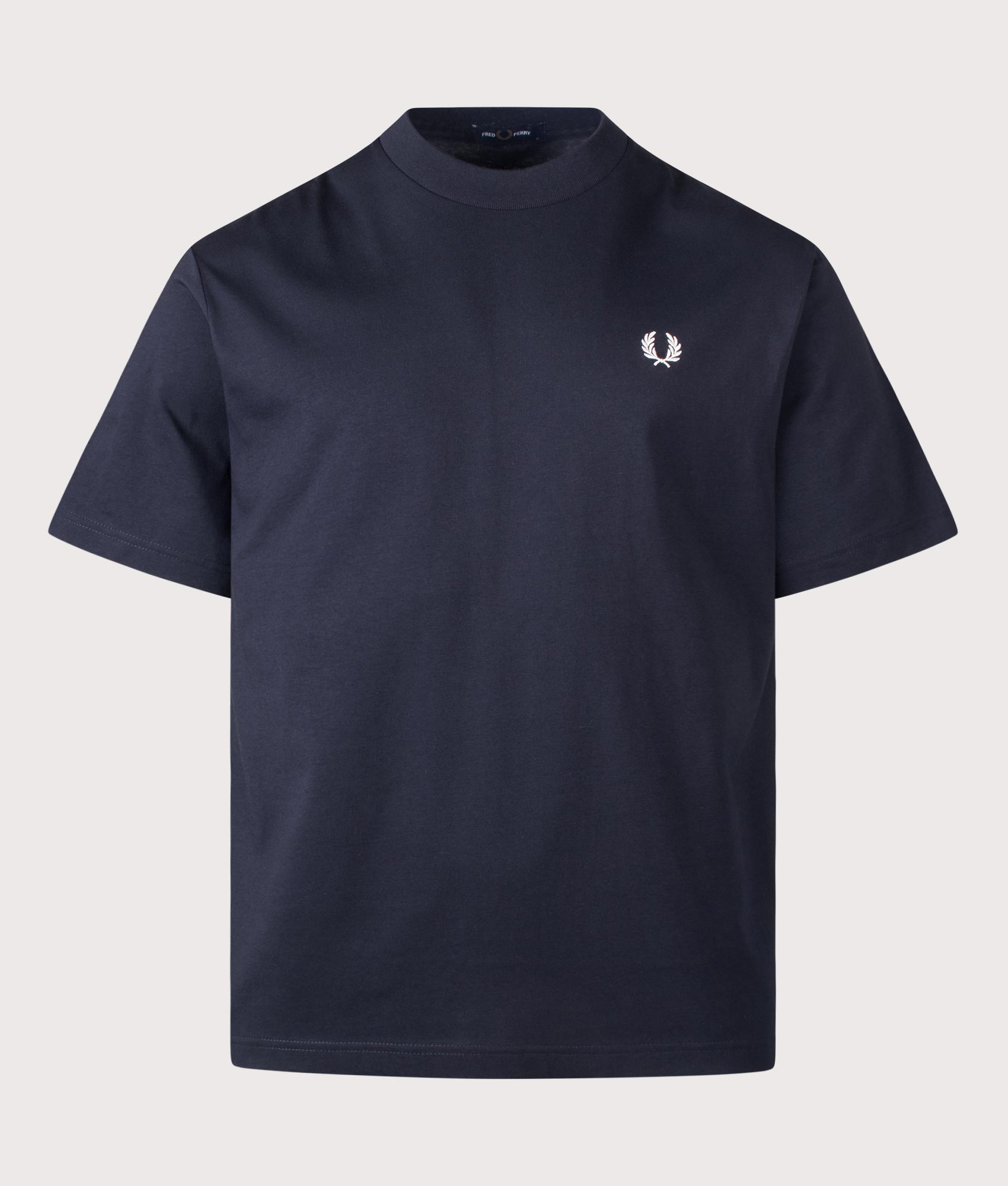 Fred Perry Back Print Fred Perry Text T-Shirt in Navy at EQVVS Menswear. Front shot.