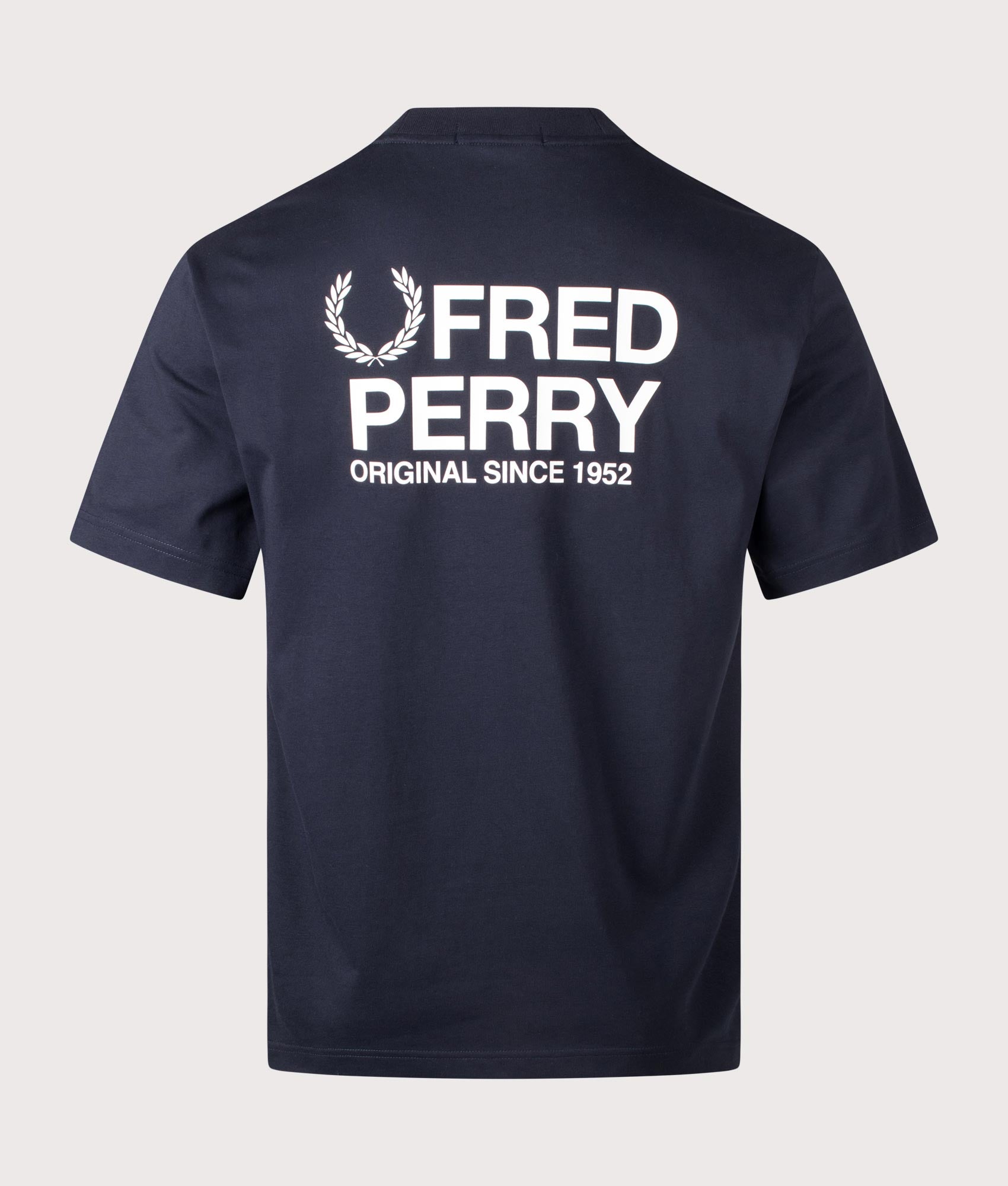 Fred Perry Back Print Fred Perry Text T-Shirt in Navy at EQVVS Menswear. Back shot.