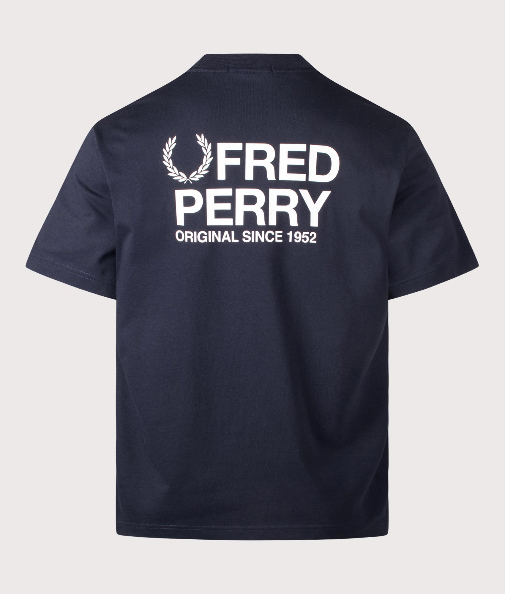 Fred Perry Back Print Fred Perry Text T-Shirt in Navy at EQVVS Menswear. Back shot.