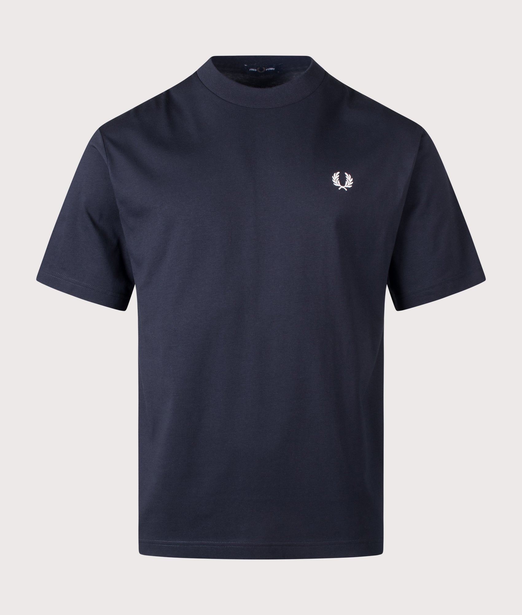 Fred Perry Back Print Fred Perry Text T-Shirt in Navy at EQVVS Menswear. Front shot.