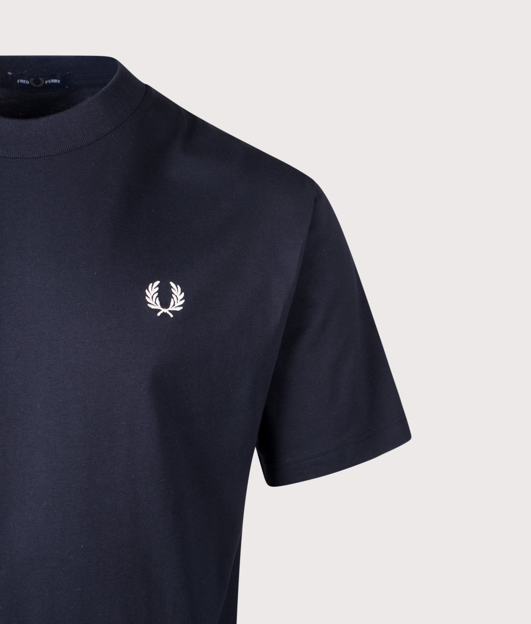 Fred Perry Back Print Fred Perry Text T-Shirt in Navy at EQVVS Menswear. Detail shot.