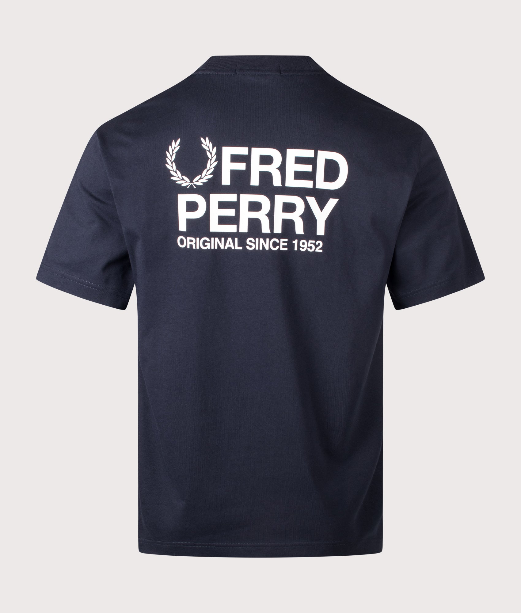 Fred Perry Back Print Fred Perry Text T-Shirt in Navy at EQVVS Menswear. Back shot.