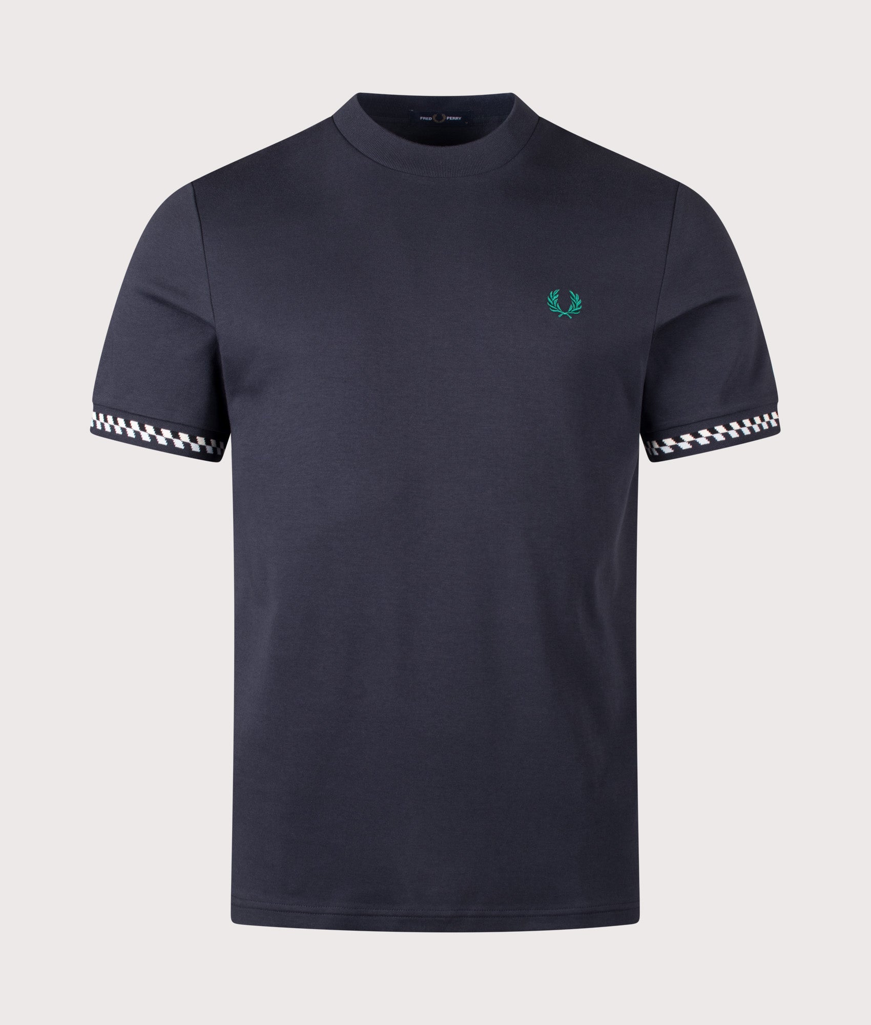 Fred Perry Jacquard Cuff T-Shirt in Navy at EQVVS Menswear. Front shot.