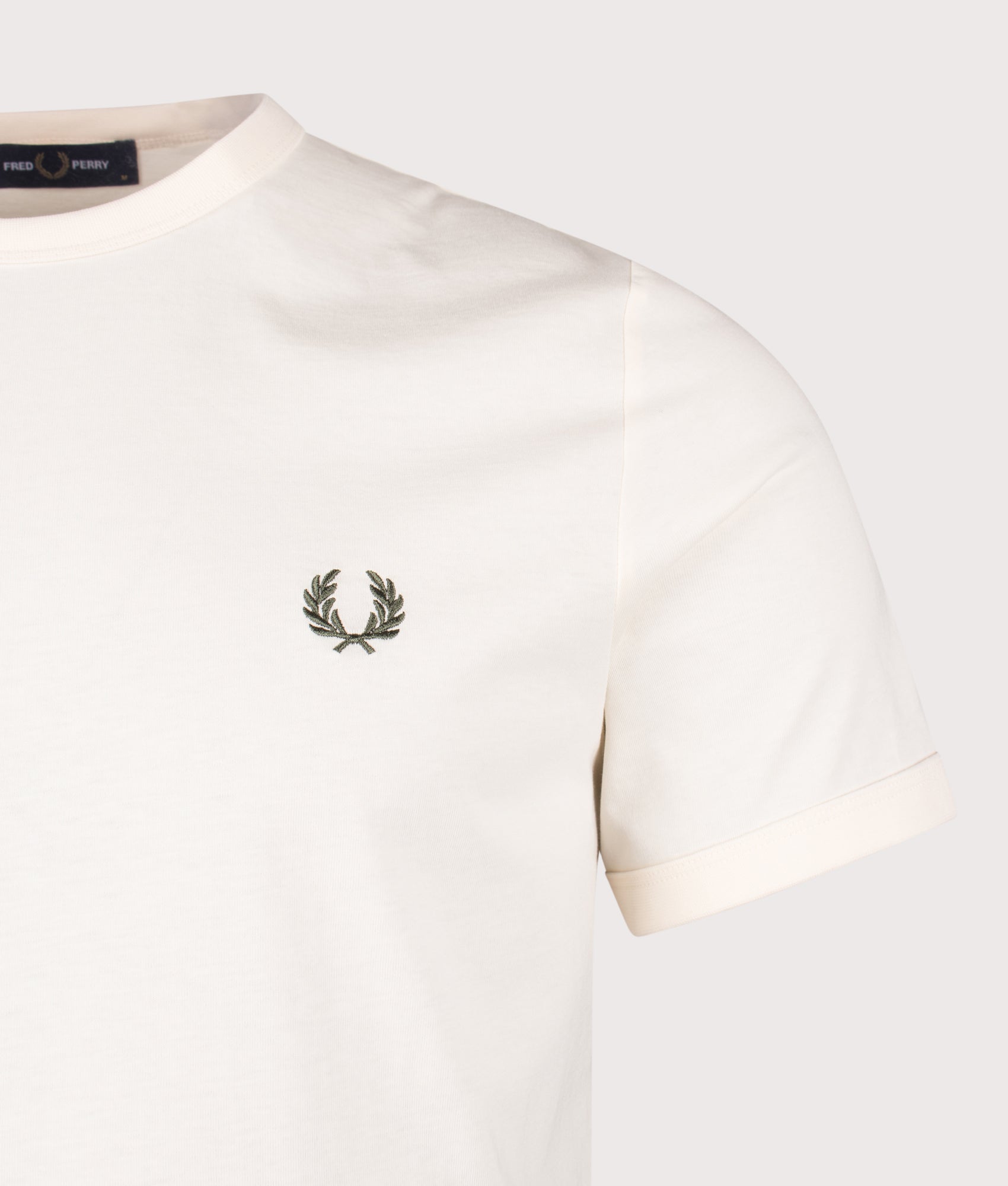 Fred Perry Ringer T-Shirt in Ecru at EQVVS Menswear. Detail shot.