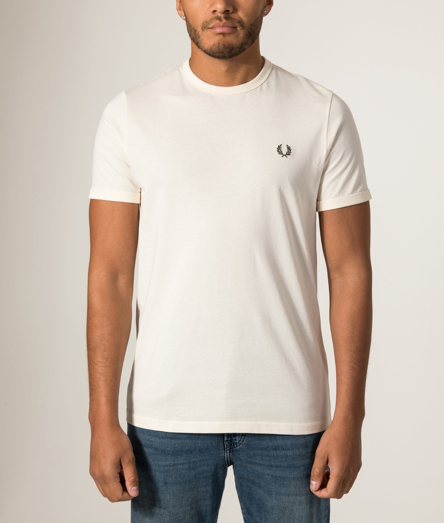 Fred Perry Ringer T-Shirt in Ecru at EQVVS Menswear. Model front shot.