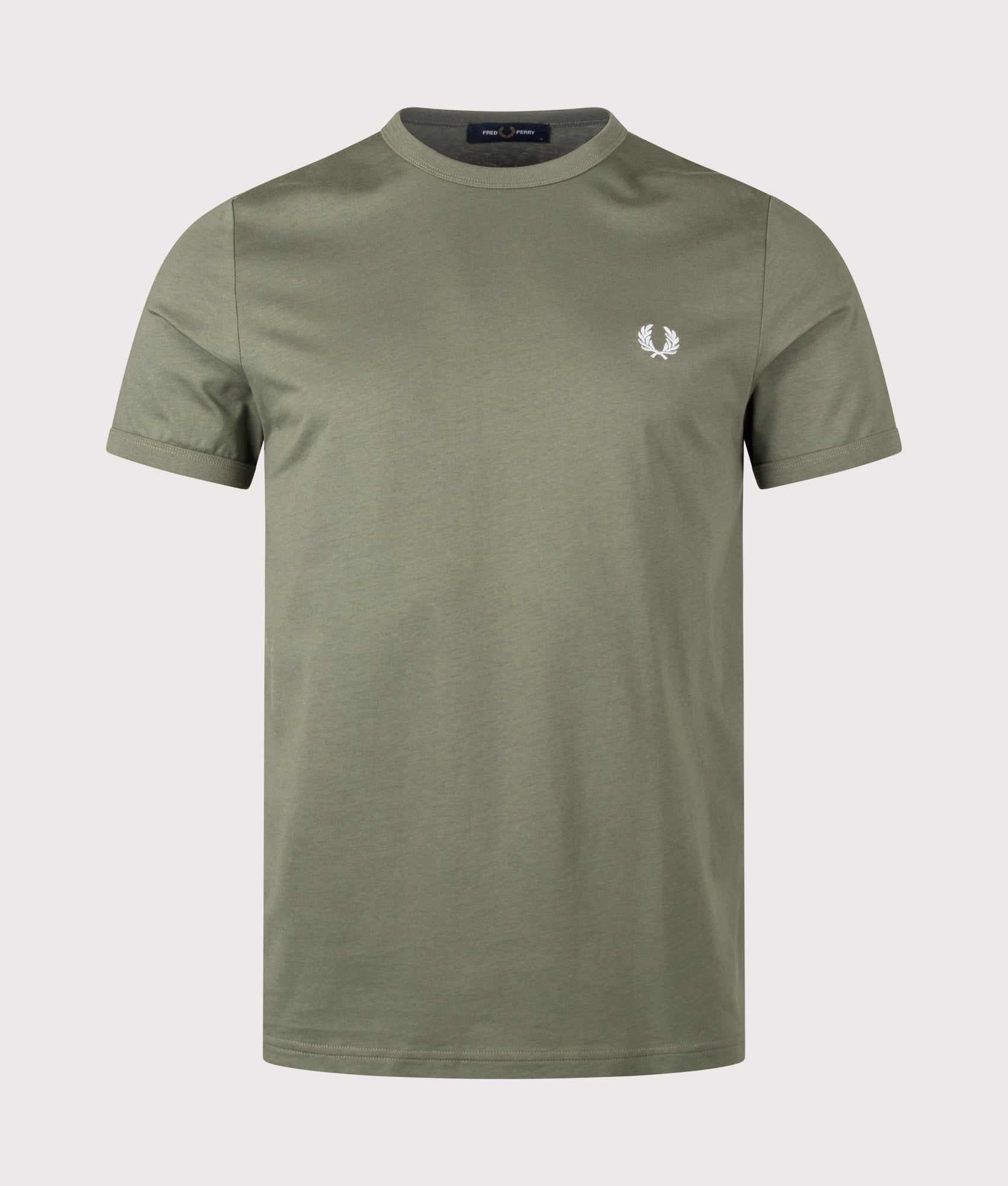 Fred Perry Ringer T-Shirt in Laurel Wreath Green at EQVVS Menswear. Front shot.