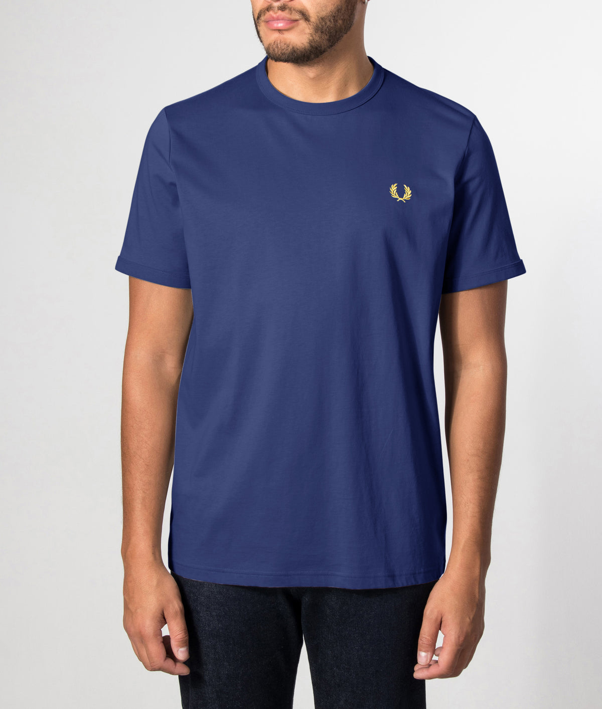 Fred Perry Ringer T-Shirt in French Navy at EQVVS Menswear. Front model shot.