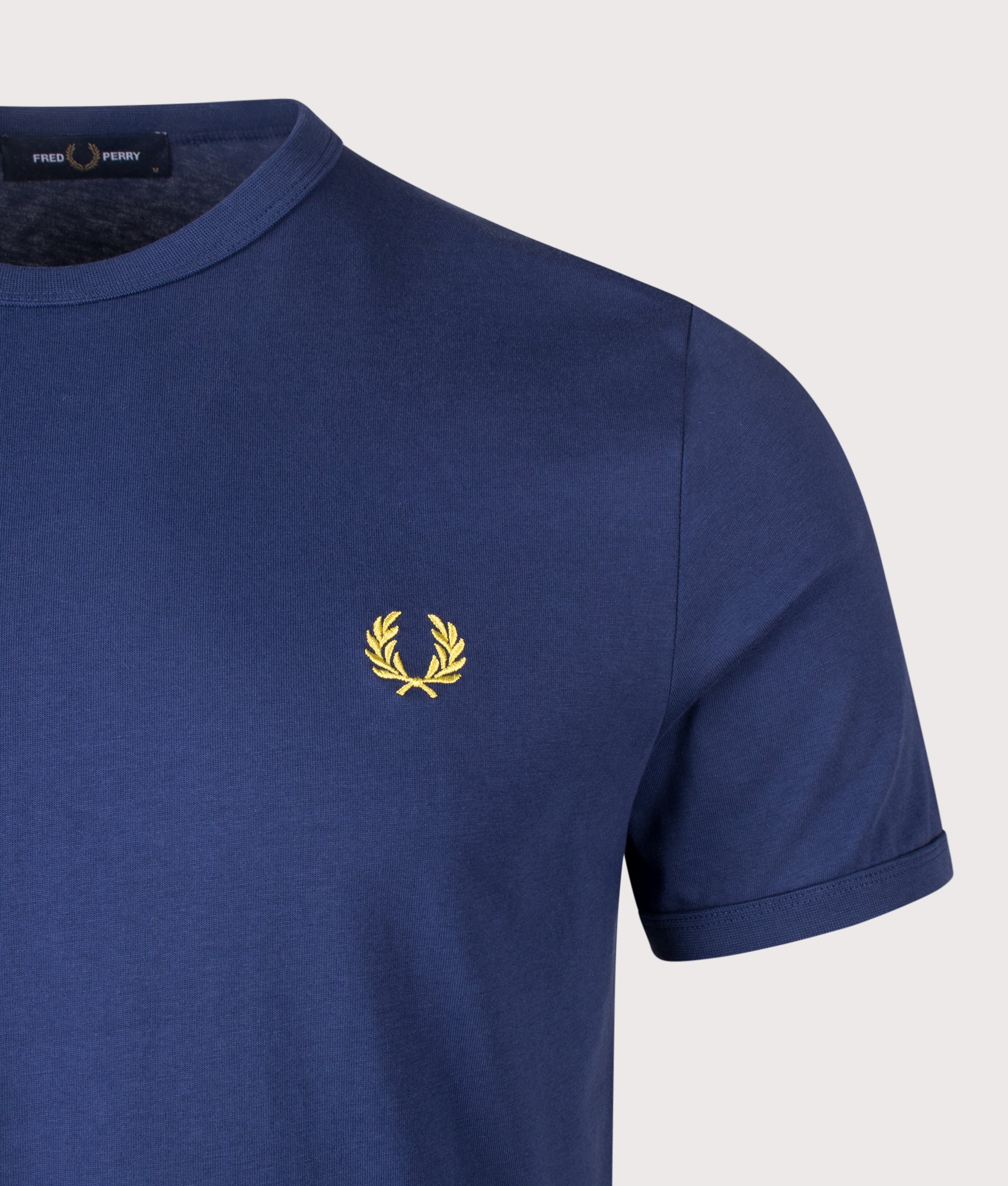 Fred Perry Ringer T-Shirt in French Navy at EQVVS Menswear. Detail shot.