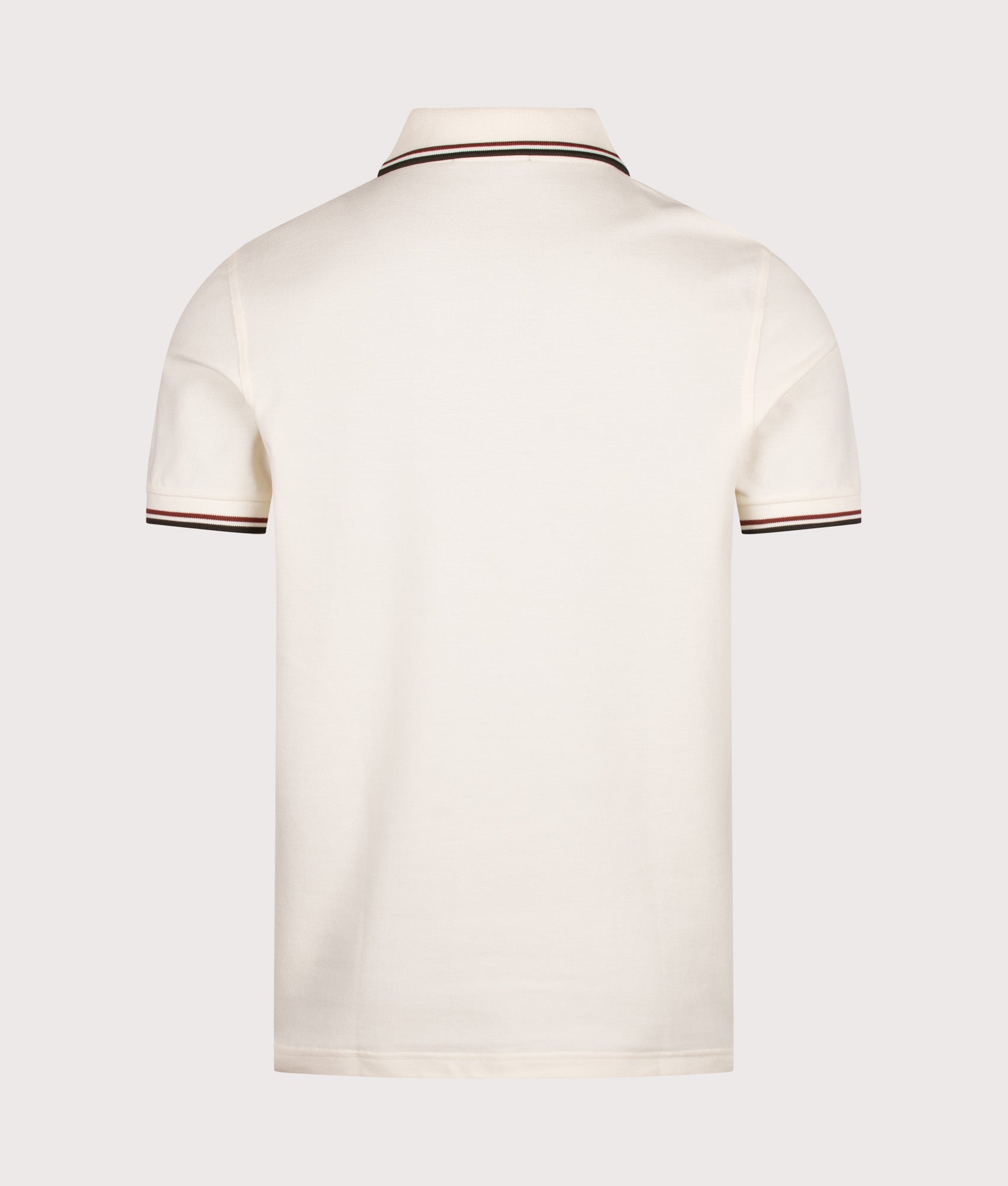 Fred Perry Twin Tipped Polo Shirt in Ecru, Brandy and Night Green at EQVVS Menswear. Back shot.