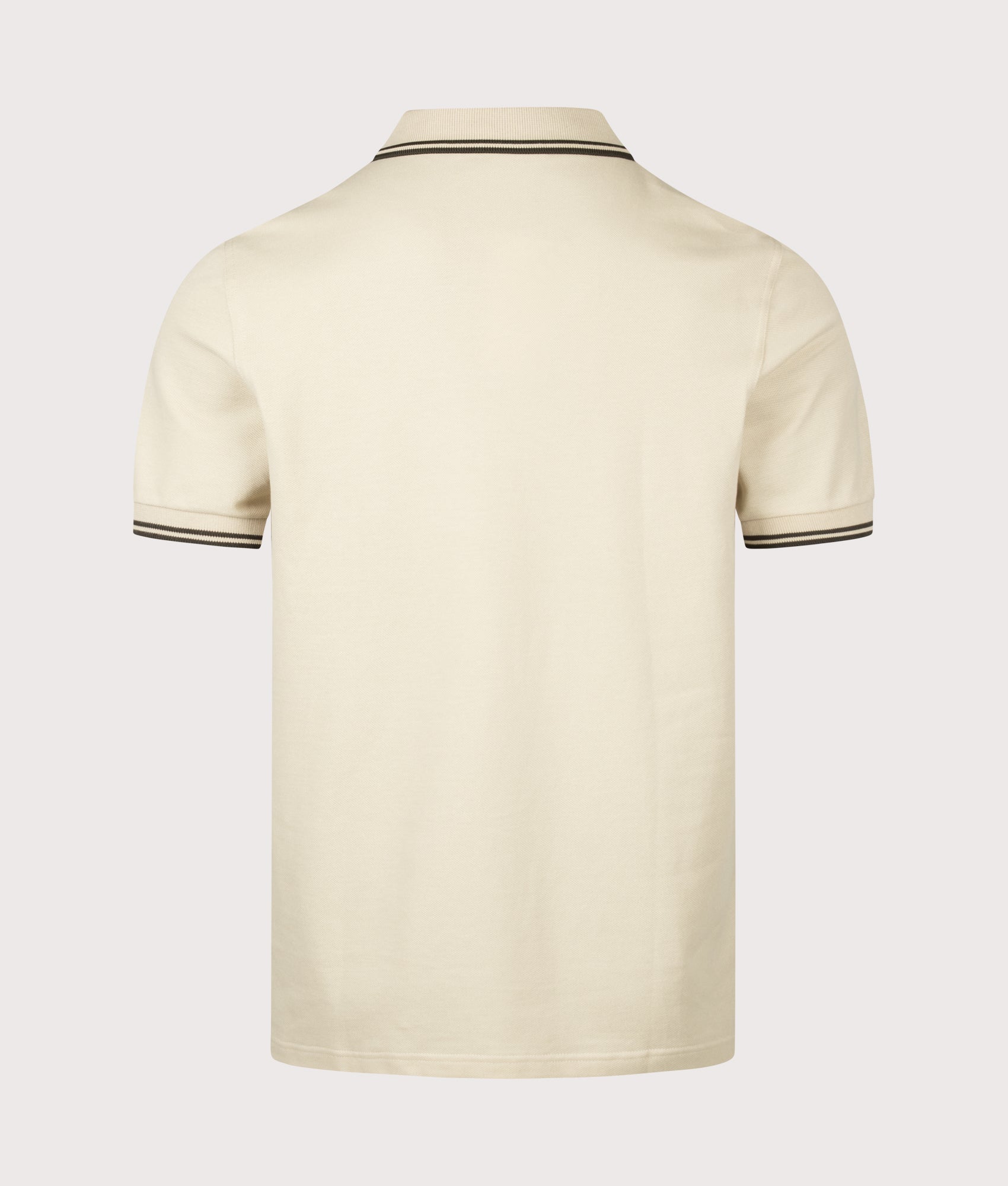 Fred Perry Twin Tipped Polo Shirt in Oatmeal and Night Green at EQVVS Menswear. Back shot.