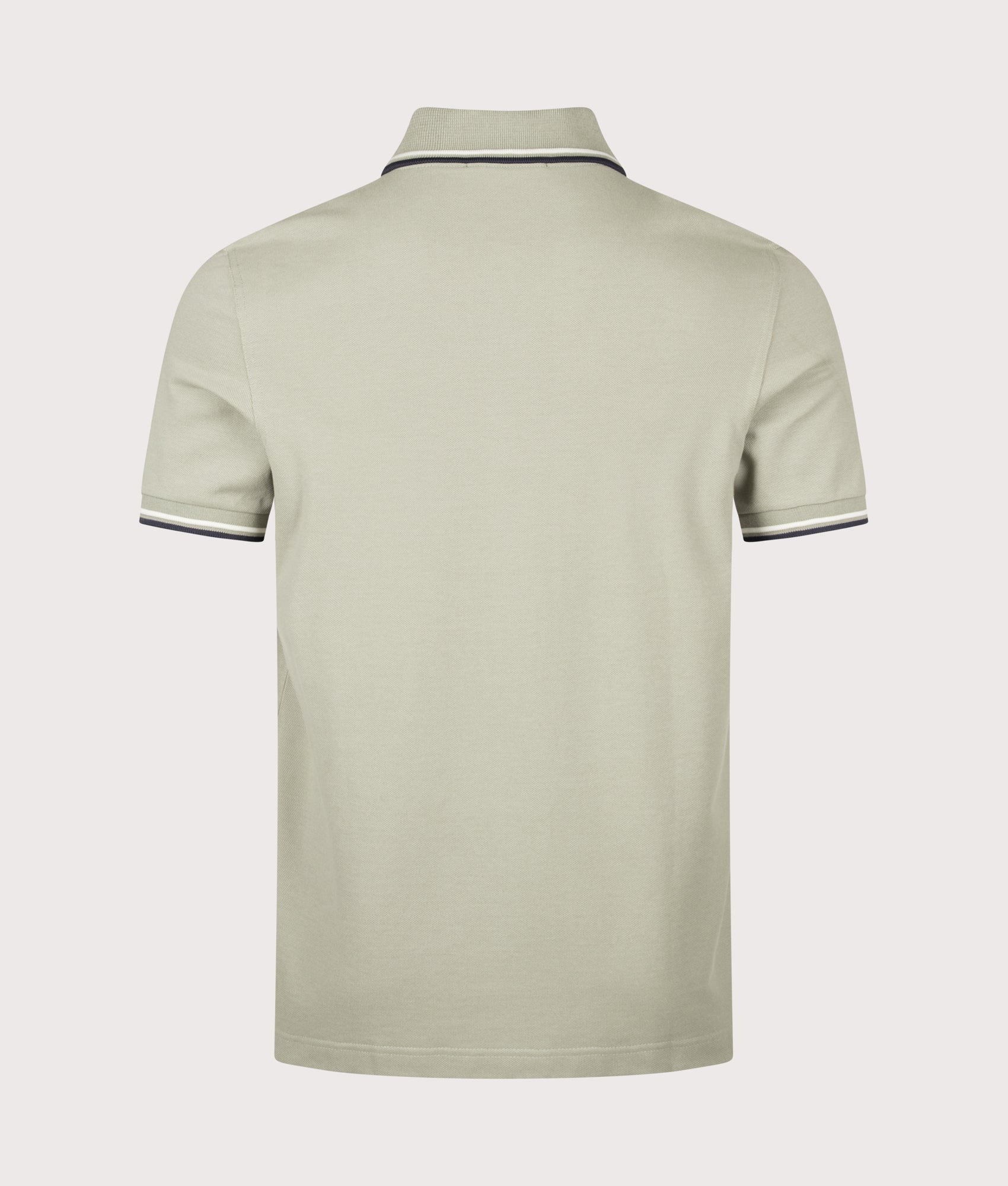 Fred Perry Twin Tipped Polo Shirt in Seagrass, Ecru and Dark Airforce at EQVVS Menswear. Back shot.