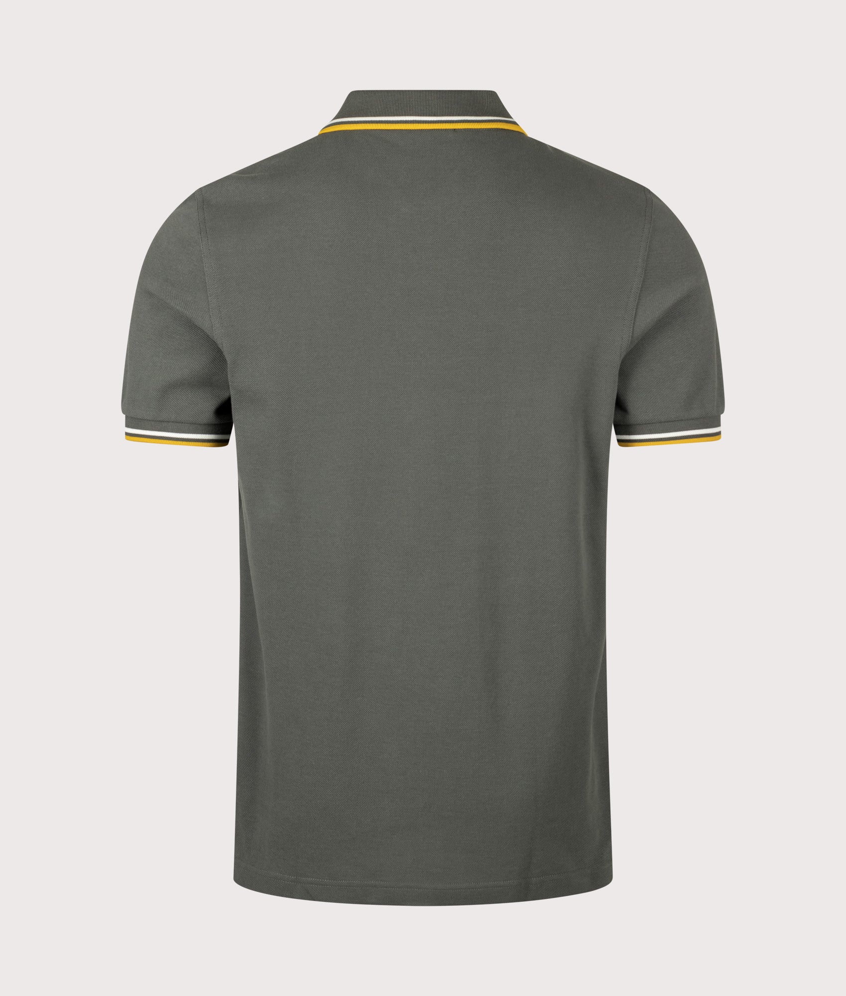 Fred Perry Twin Tipped Polo Shirt in Field Green, Ecru and Golden at EQVVS Menswear. Back shot.