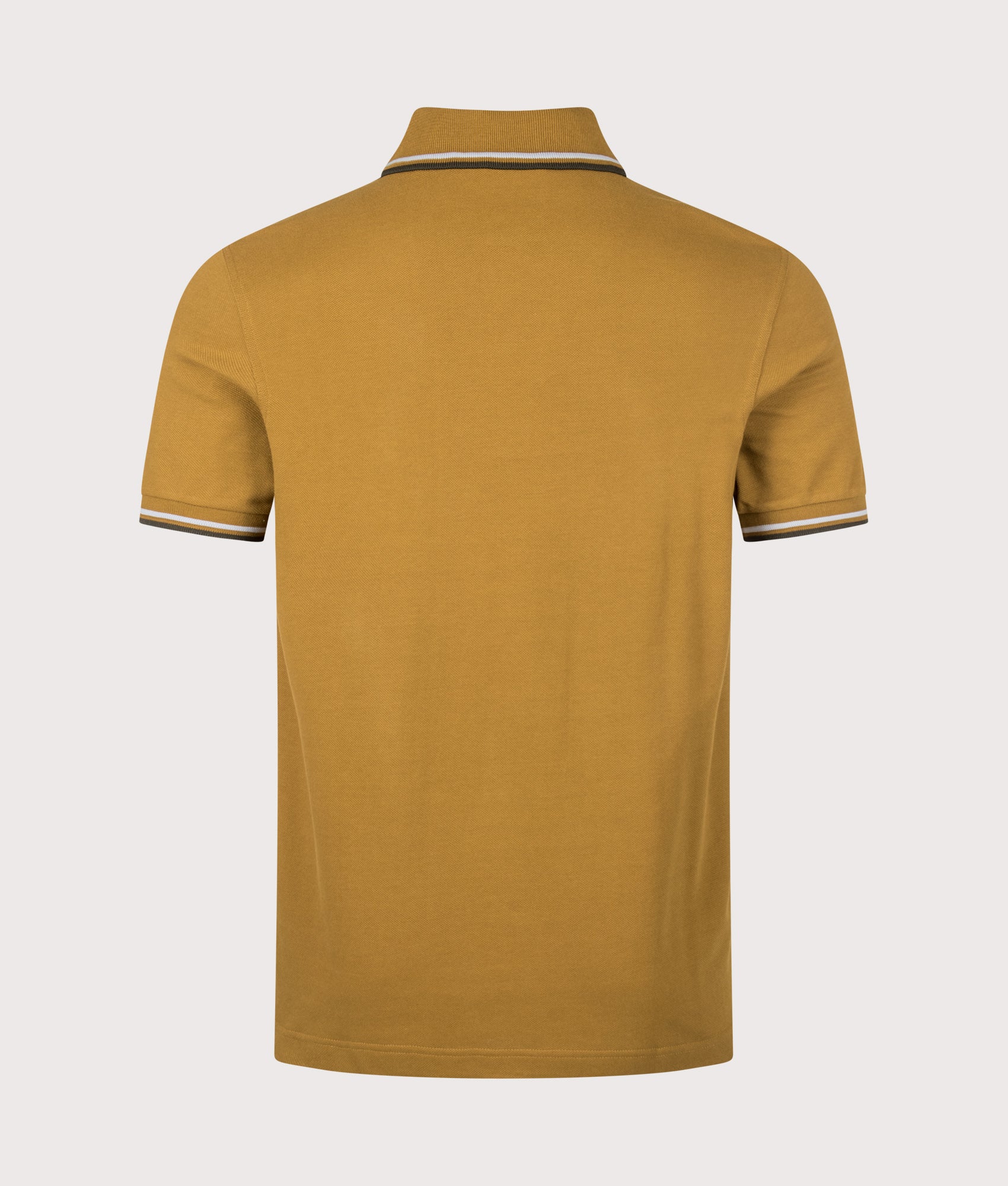 Fred Perry Twin Tipped Polo Shirt in Dark Caramel, Dusky Blue and Night Green at EQVVS Menswear. Back shot.
