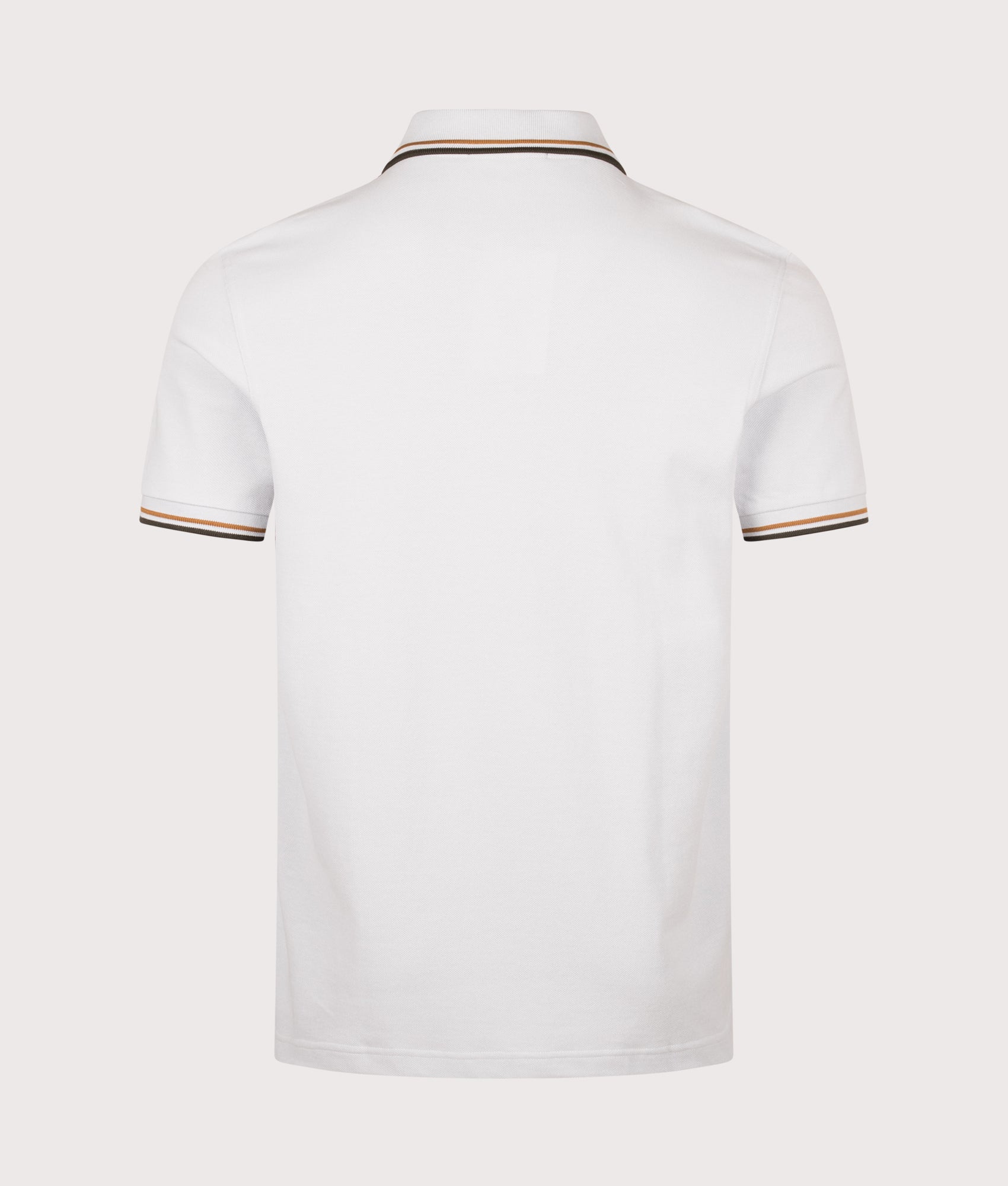 Fred Perry Twin Tipped Polo Shirt in Dusky Blue, Dark Caramel and Night Green at EQVVS Menswear. Back shot.