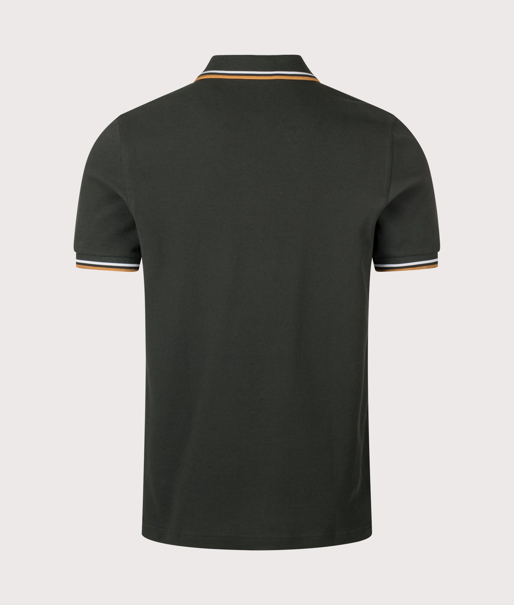 Fred Perry Twin Tipped Polo Shirt in Night Green, Dusky Blue and Dark Caramel at EQVVS Menswear. Back shot.