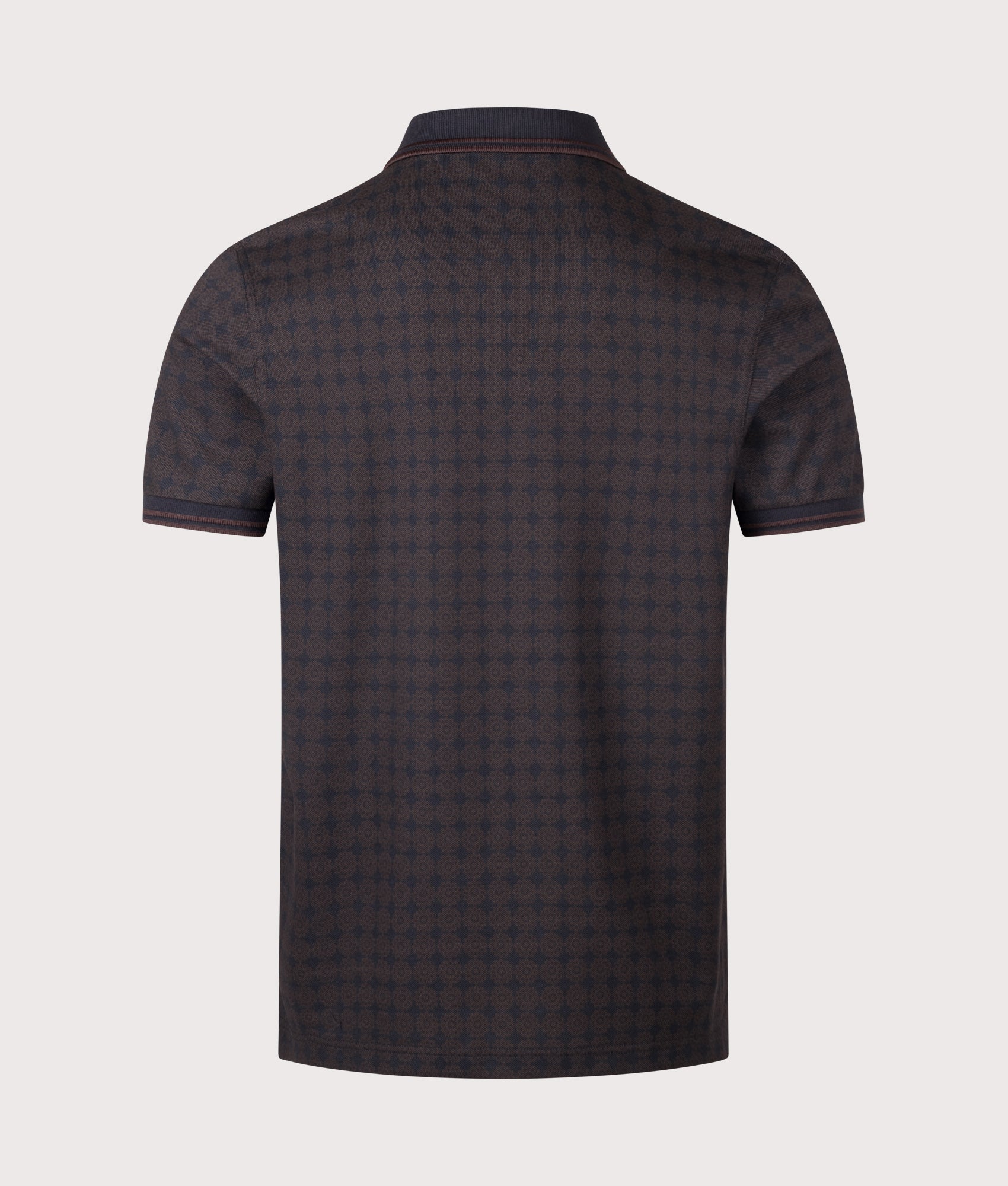 Fred Perry Regular Fit Floral Print Polo Shirt in Navy at EQVVS Menswear. Back shot.