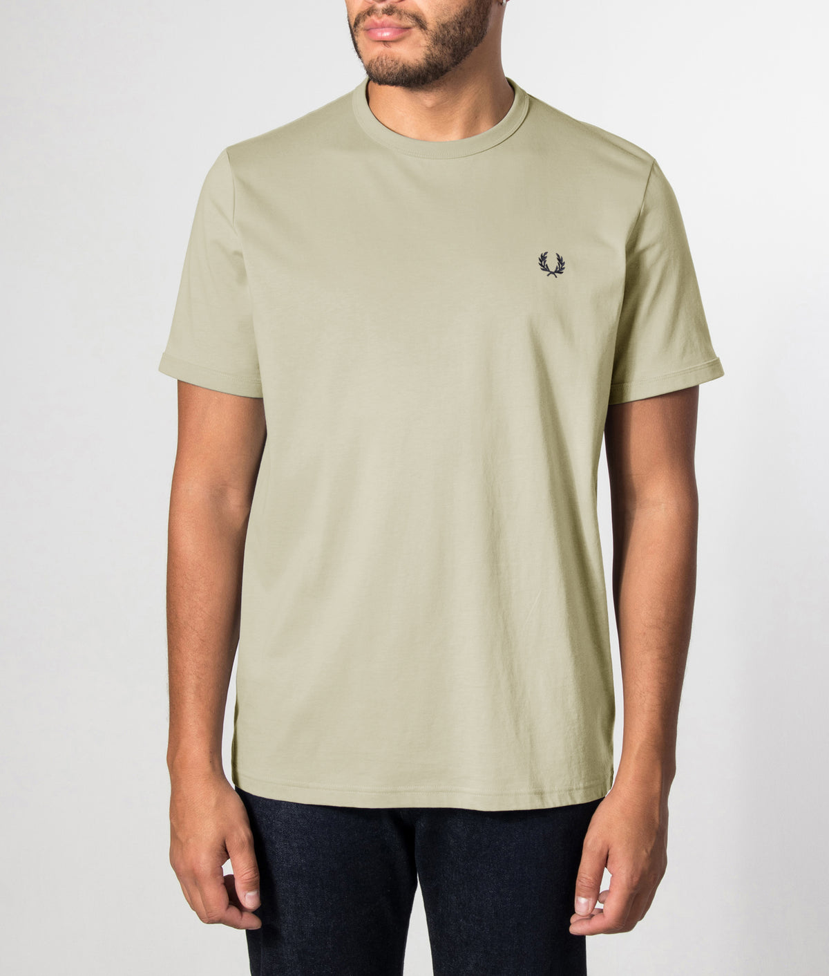 Fred Perry Regular Fit Ringer T-Shirt in Seagrass at EQVVS Menswear. Front model shot.