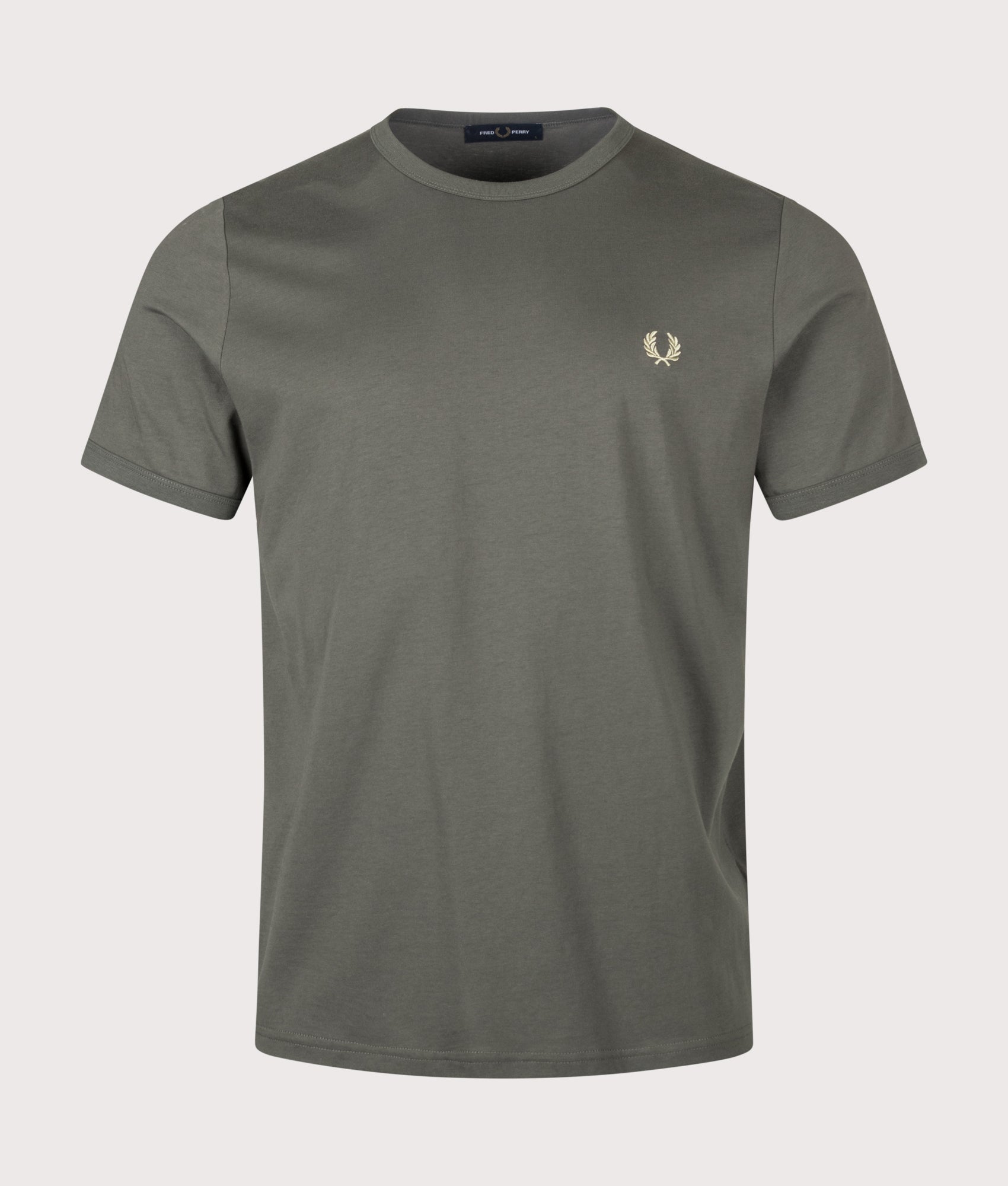 Fred Perry Regular Fit Ringer T-Shirt in Field Green at EQVVS Menswear. Front shot.