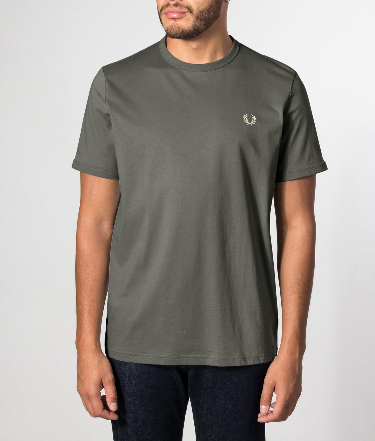 Fred Perry Regular Fit Ringer T-Shirt in Field Green at EQVVS Menswear. Front model shot.