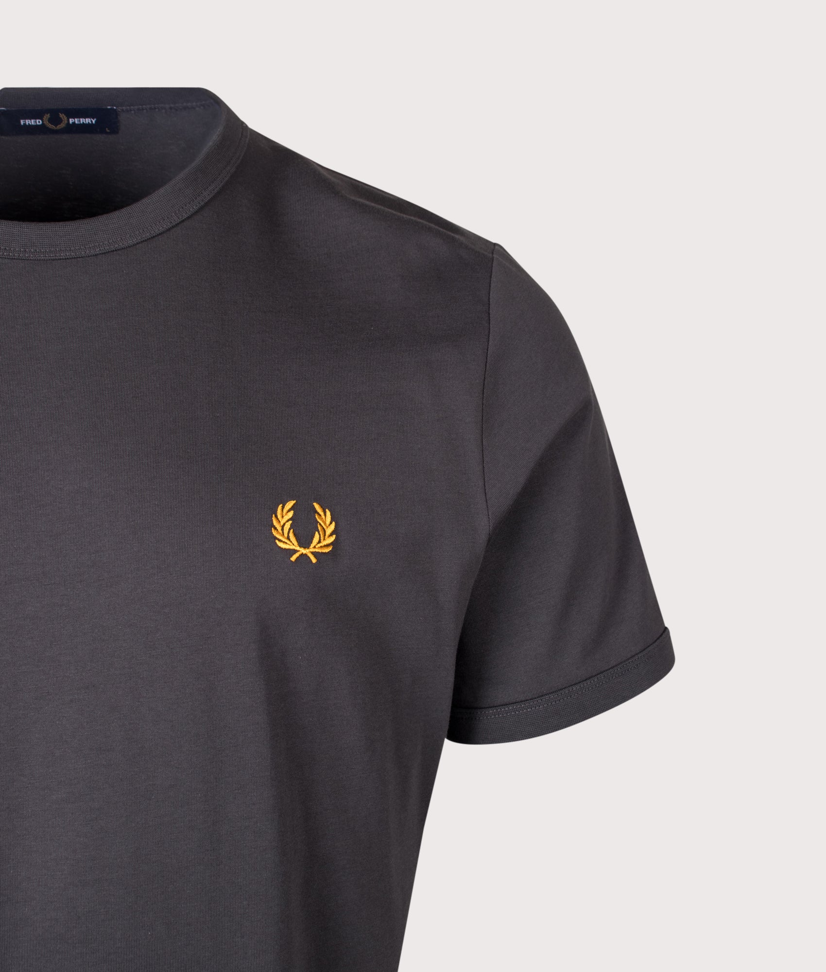 Fred Perry Regular Fit Ringer T-Shirt in Anchor Grey at EQVVS Menswear. Detail shot.