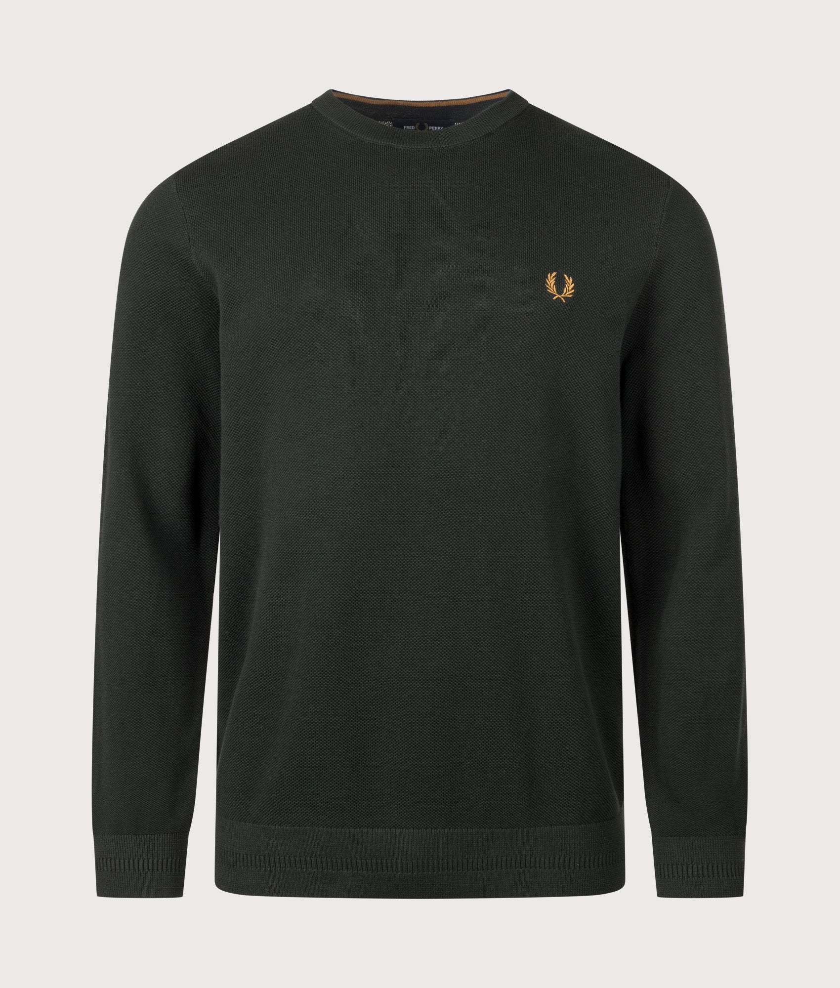 Fred Perry Regular Fit Piqué Stitch Jumper in Night Green at EQVVS Menswear. Front shot.