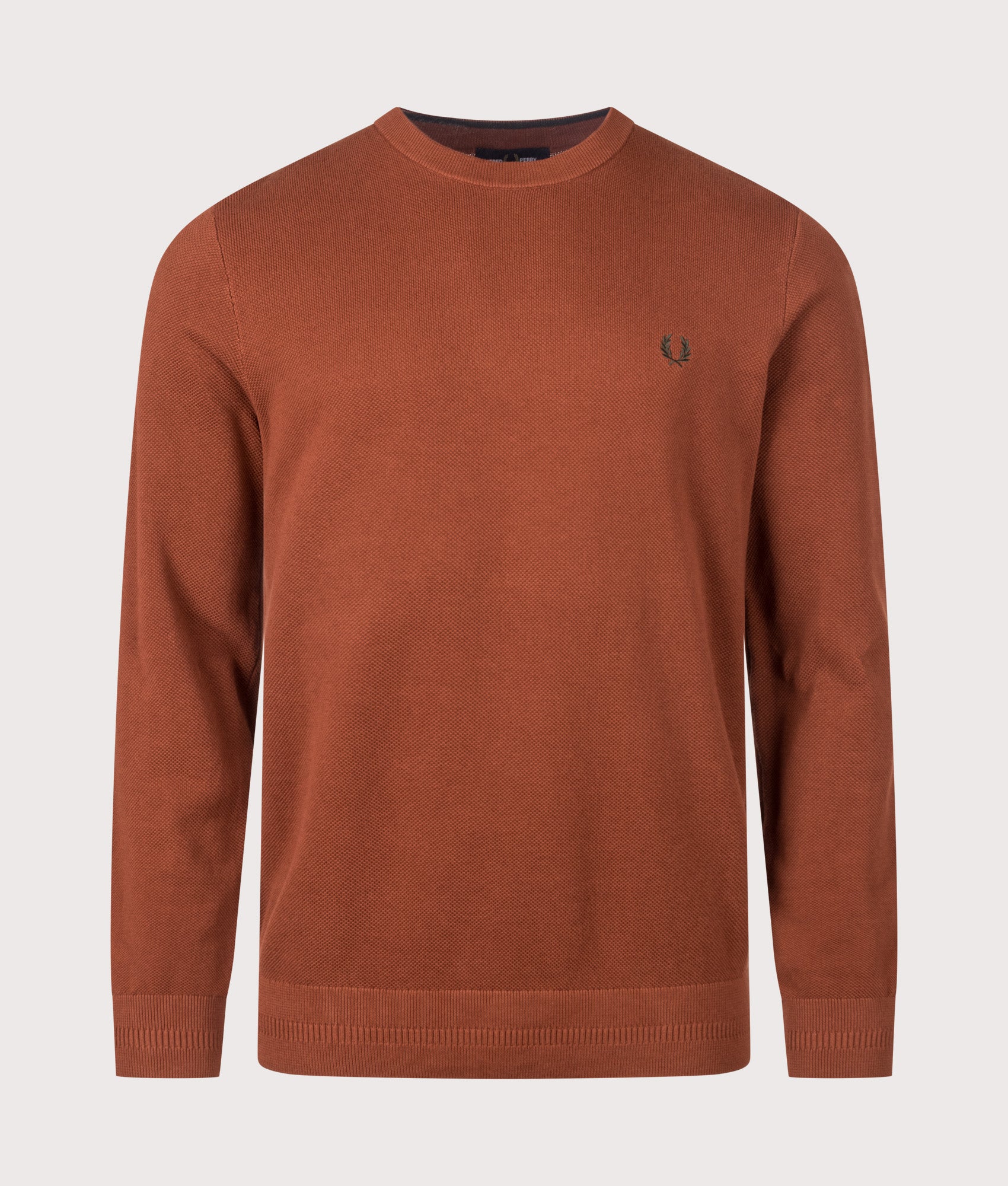 Fred Perry Regular Fit Piqué Stitch Jumper in Brandy at EQVVS Menswear. Front shot.