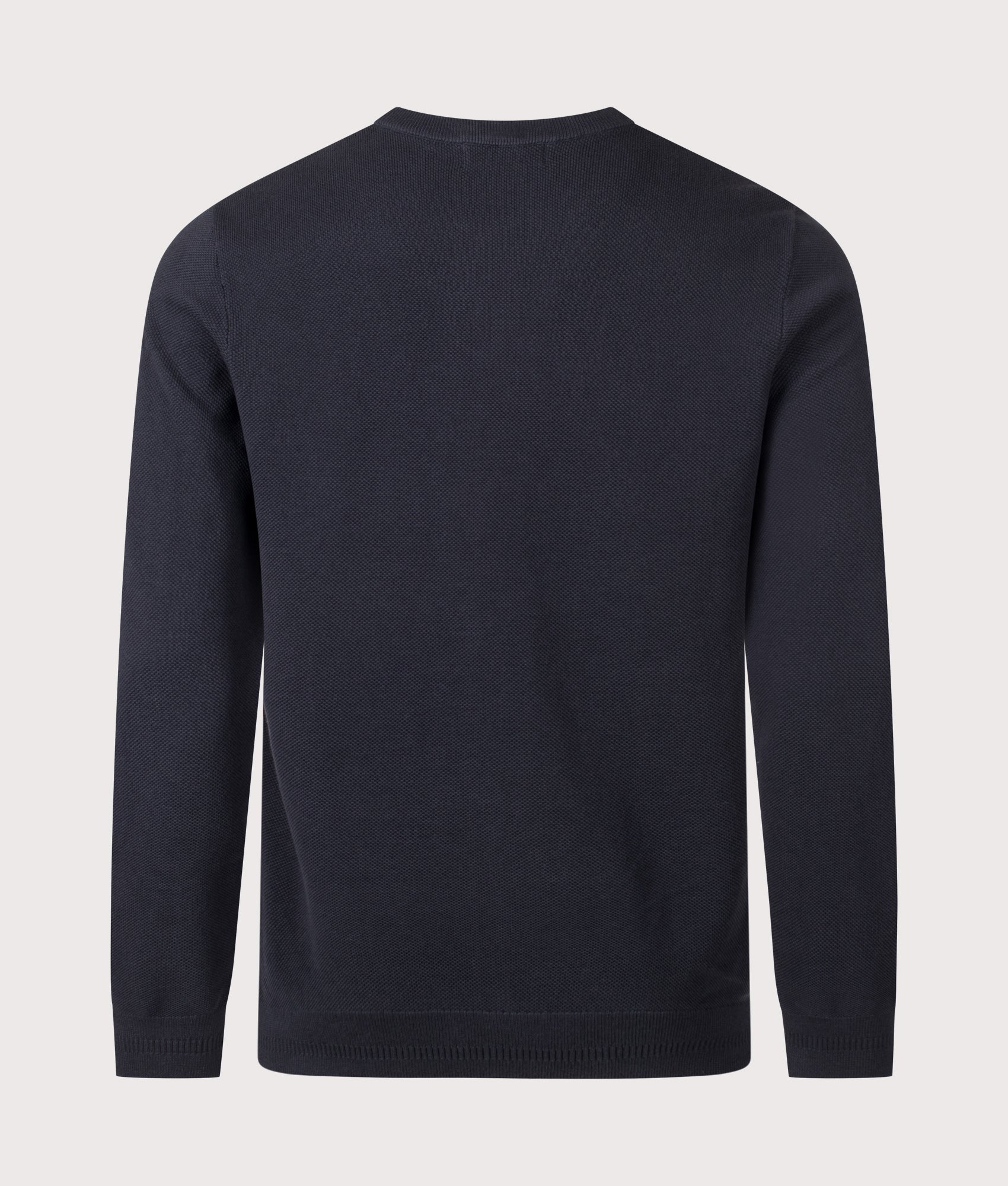 Fred Perry Regular Fit Piqué Stitch Jumper in Navy at EQVVS Menswear. Back shot.