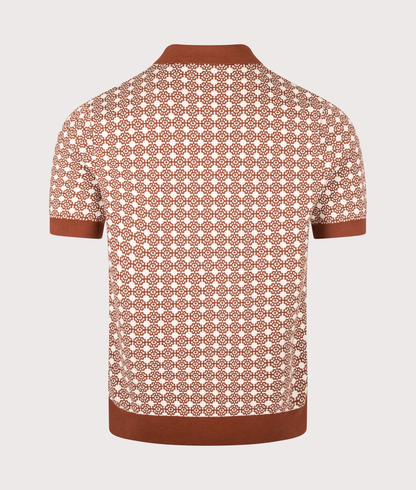 Fred Perry Regular Fit Floral Jacquard Polo Shirt in Brandy at EQVVS Menswear. Back shot.