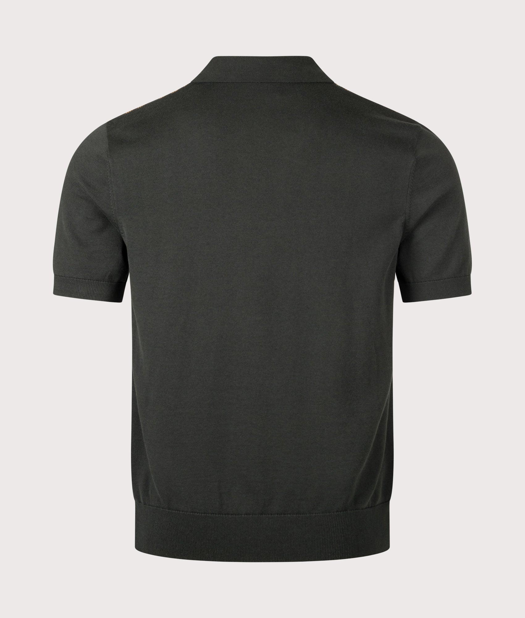 Fred Perry Regular Fit Textured Panel Zip Neck Knitted Polo Shirt in Night Green at EQVVS Menswear. Back shot.