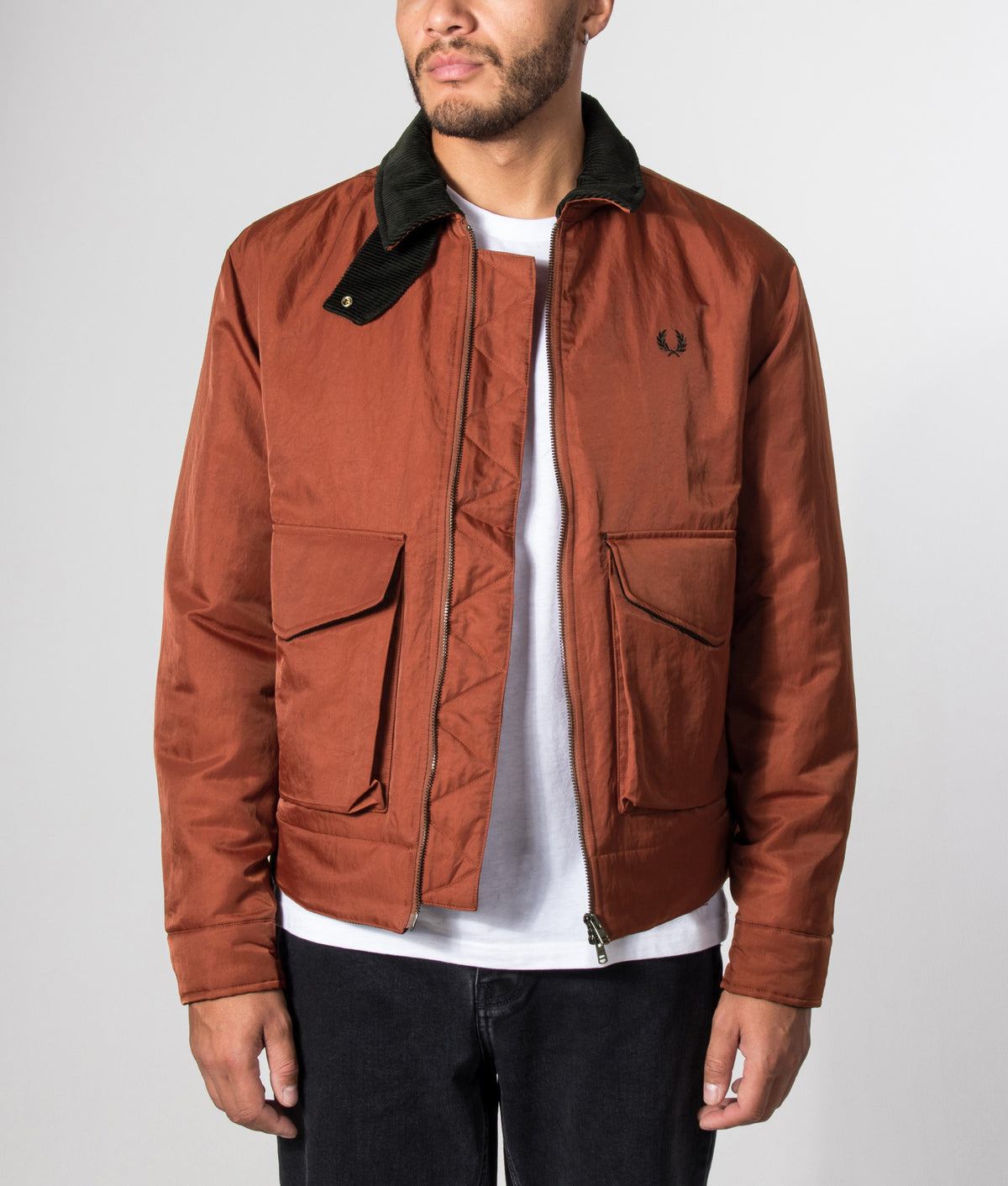 Fred Perry Regular Fit Nylon Caban Jacket in Brandy at EQVVS Menswear. Model front shot.