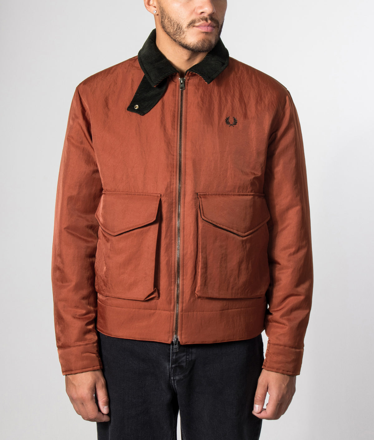 Fred Perry Regular Fit Nylon Caban Jacket in Brandy at EQVVS Menswear. Model front shot.