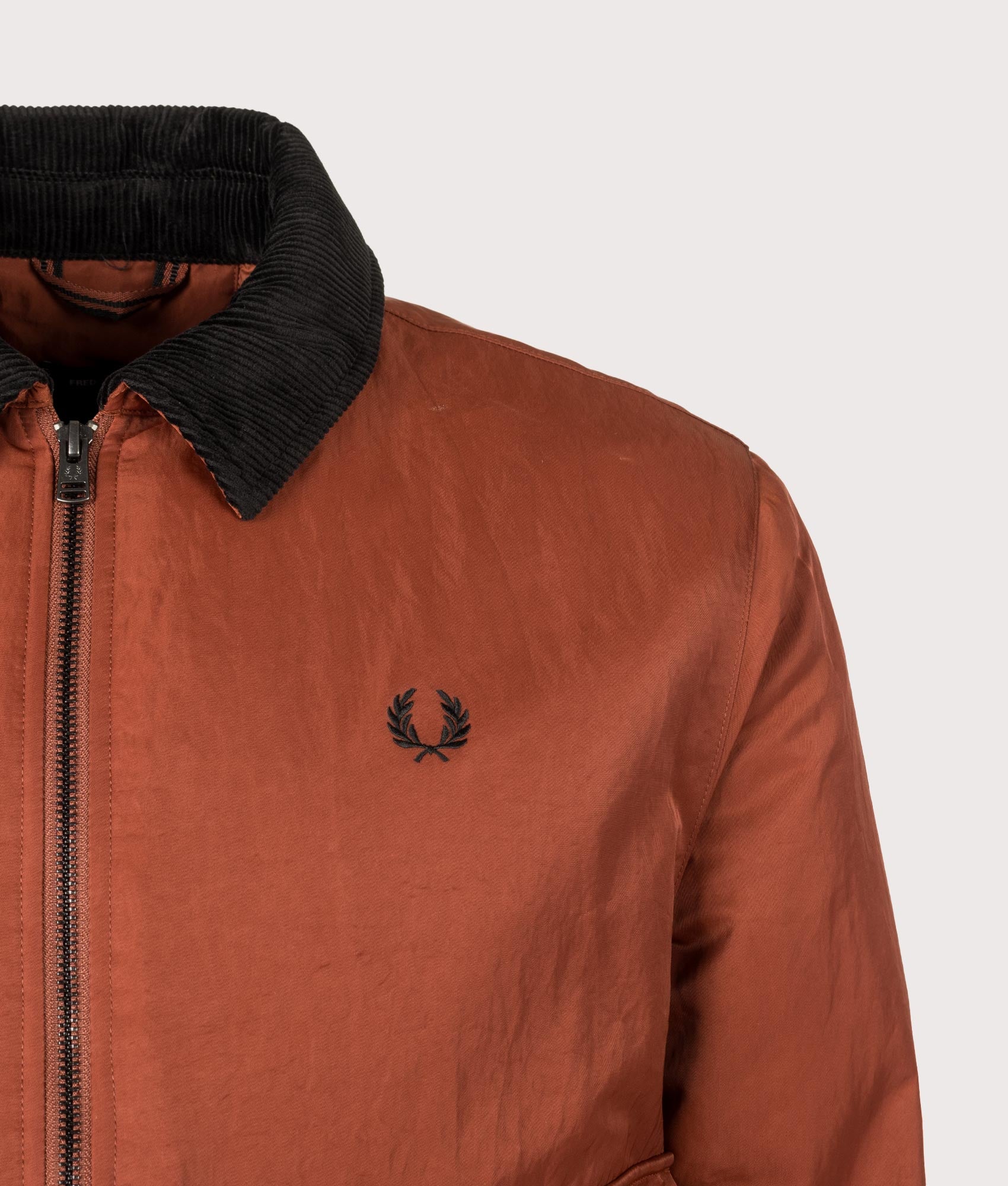 Fred Perry Regular Fit Nylon Caban Jacket in Brandy at EQVVS Menswear. Detail shot.