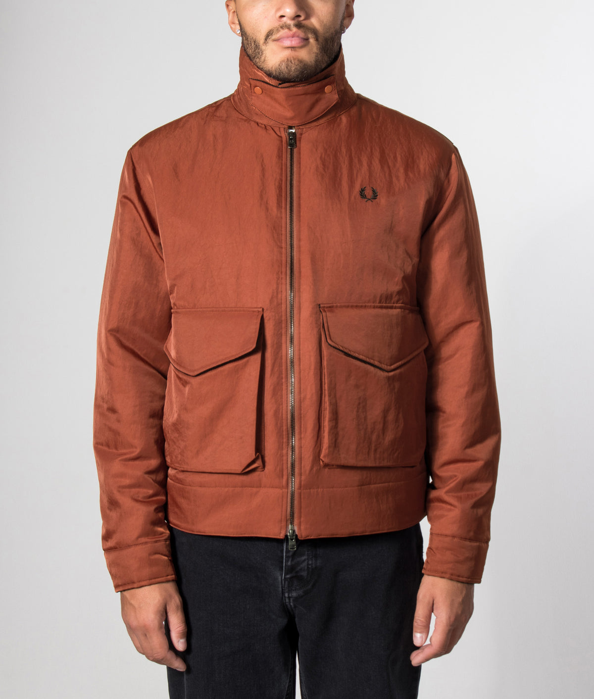 Fred Perry Regular Fit Nylon Caban Jacket in Brandy at EQVVS Menswear. Model front shot.