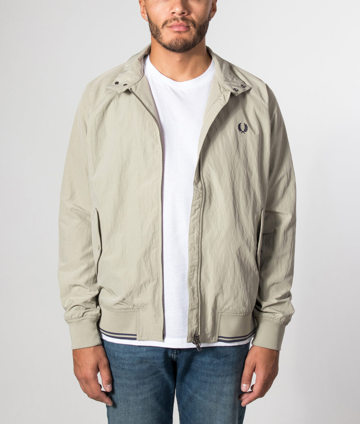 Fred Perry Regular Fit Crinkle Nylon Harrington Jacket in Seagrass at EQVVS Menswear. Back shot.