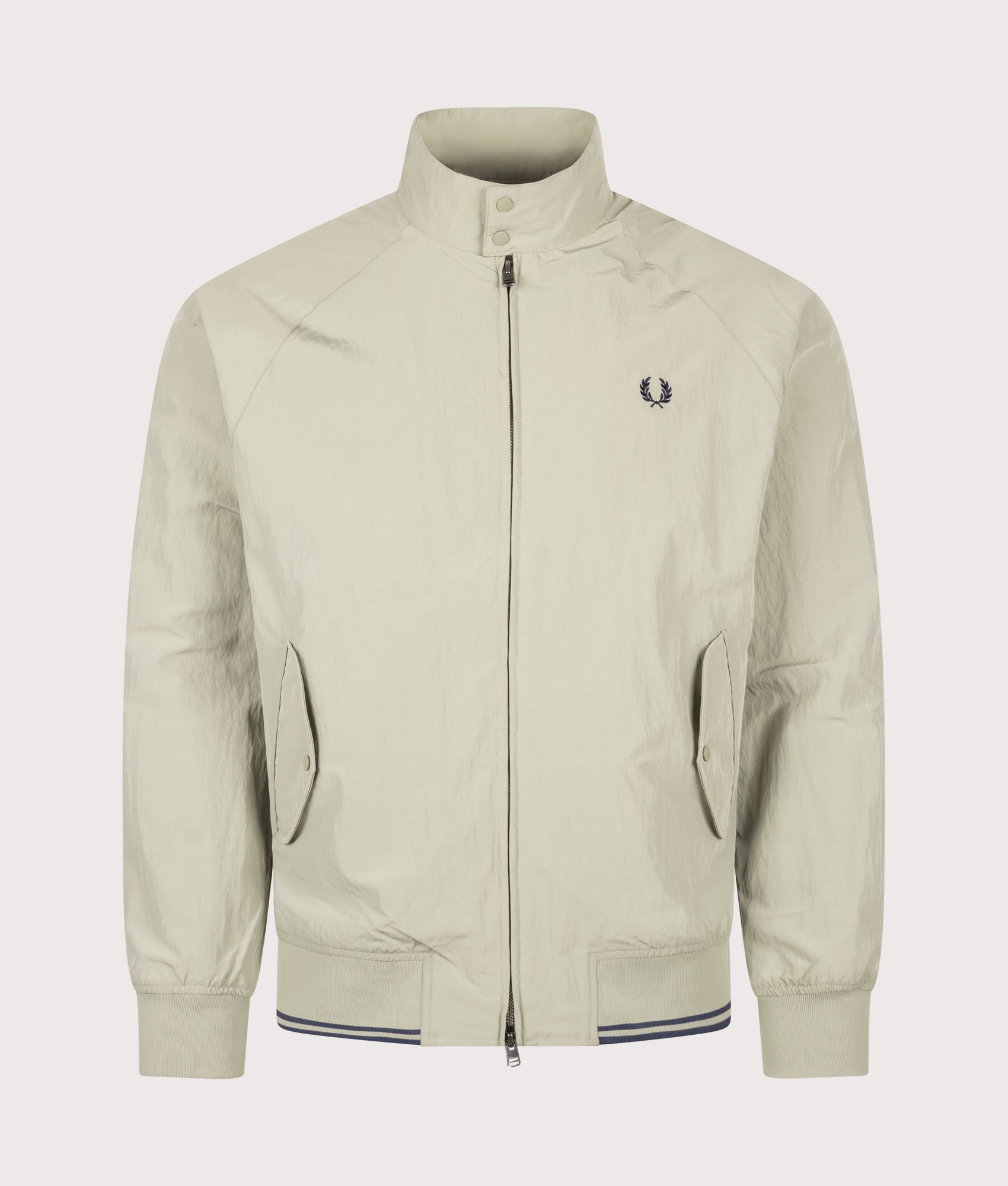 Fred Perry Regular Fit Crinkle Nylon Harrington Jacket in Seagrass at EQVVS Menswear. Front shot.