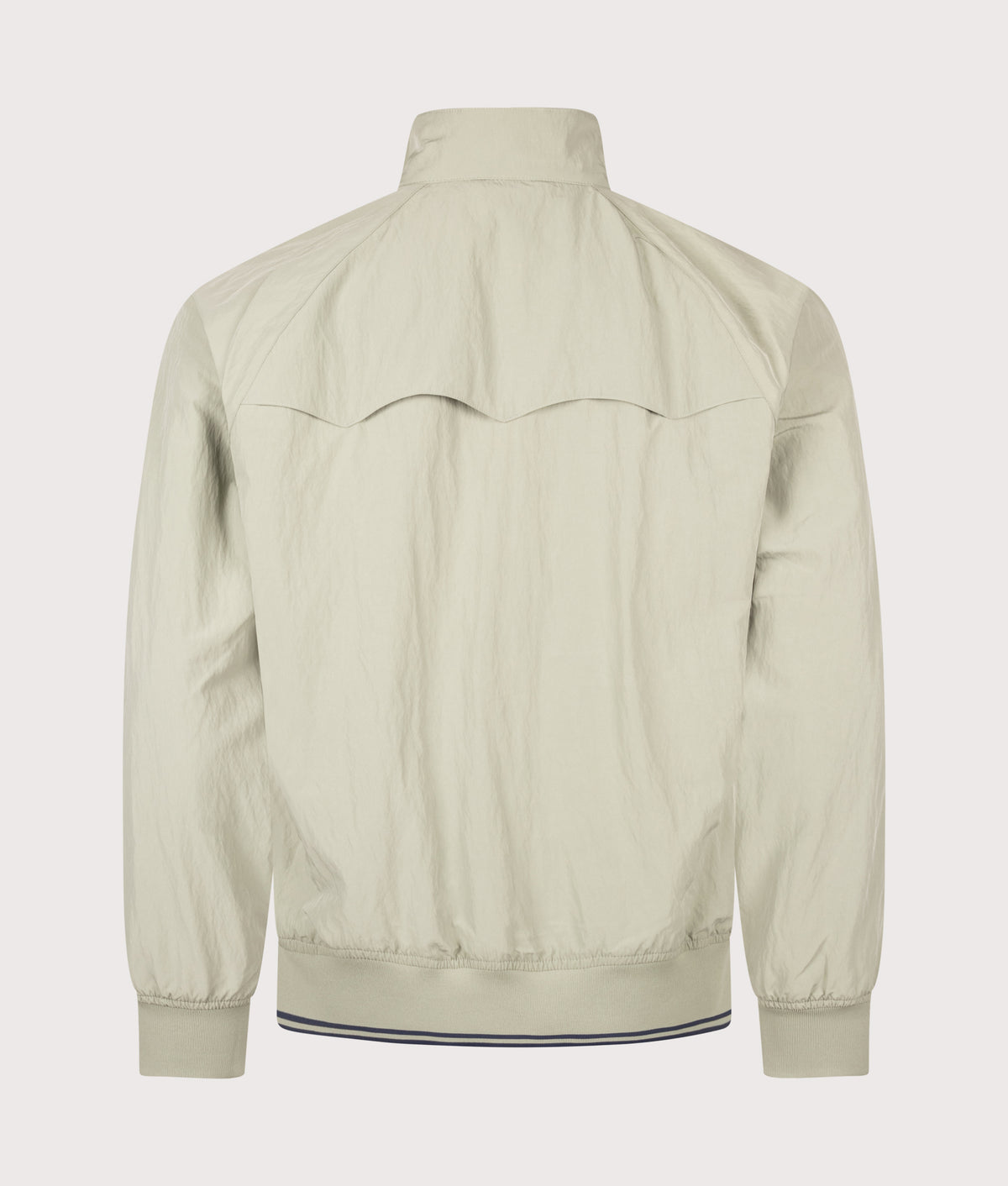 Fred Perry Regular Fit Crinkle Nylon Harrington Jacket in Seagrass at EQVVS Menswear. Back shot.