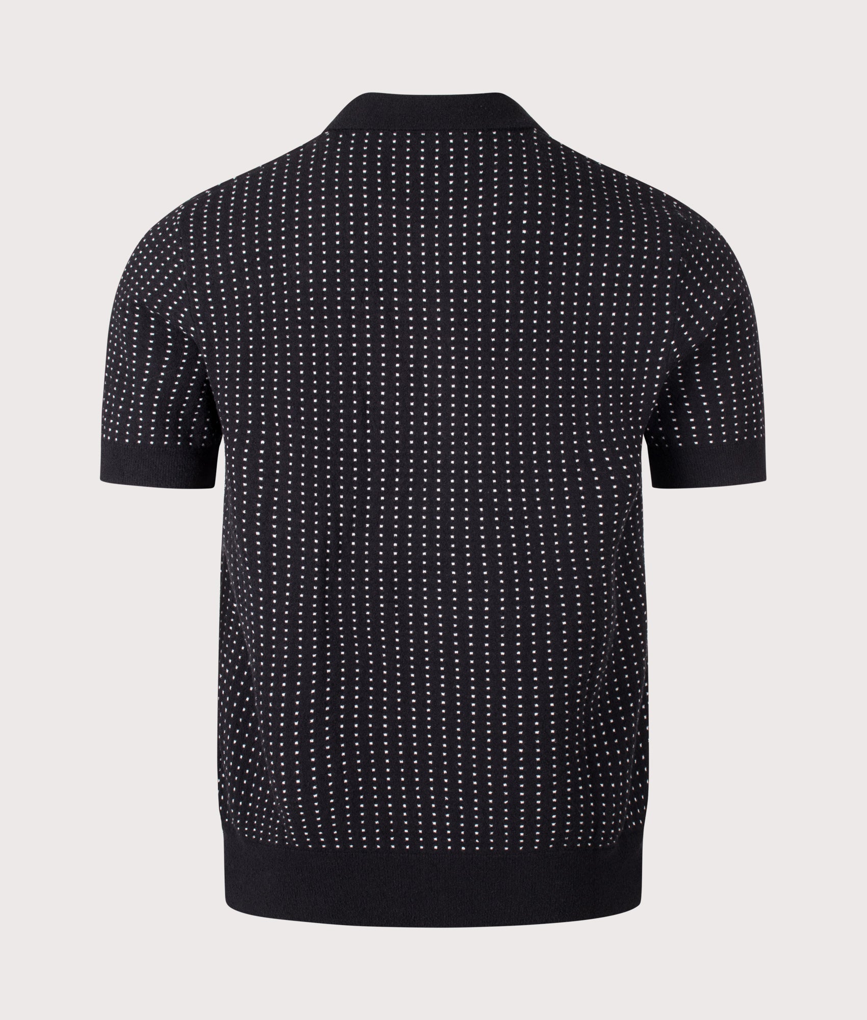 Fred Perry Regular Fit Bouclé Dot Knitted Polo Shirt in Black at EQVVS Menswear. Back shot.