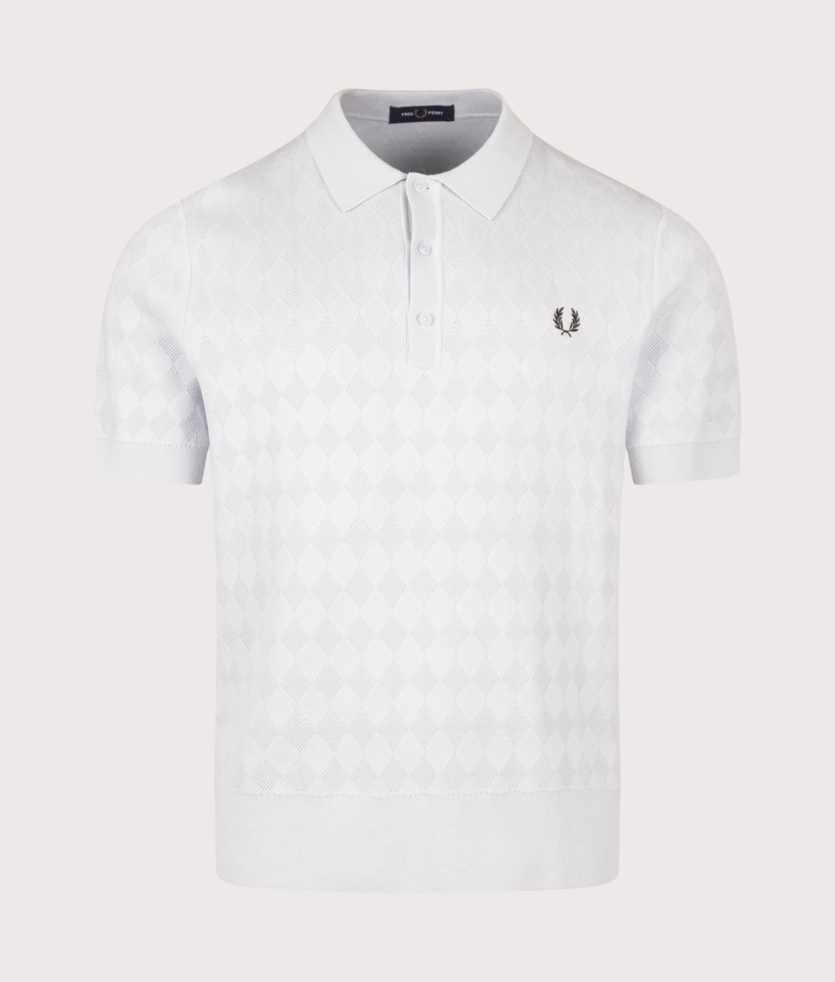 Fred Perry Regular Fit Pointelle Knitted Polo Shirt in Dusky Blue at EQVVS Menswear. Front shot.