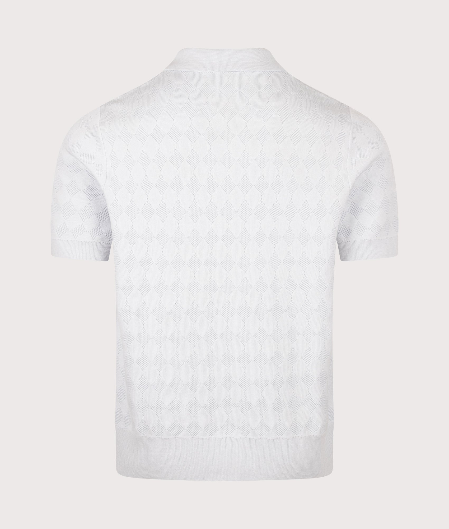 Fred Perry Regular Fit Pointelle Knitted Polo Shirt in Dusky Blue at EQVVS Menswear. Back shot.