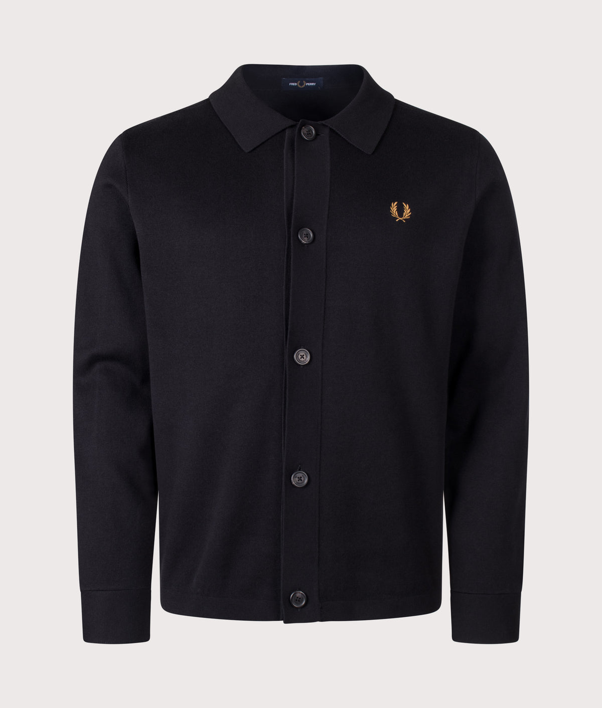 Fred Perry Regular Fit Knitted Overshirt in Black at EQVVS Menswear. Front shot.