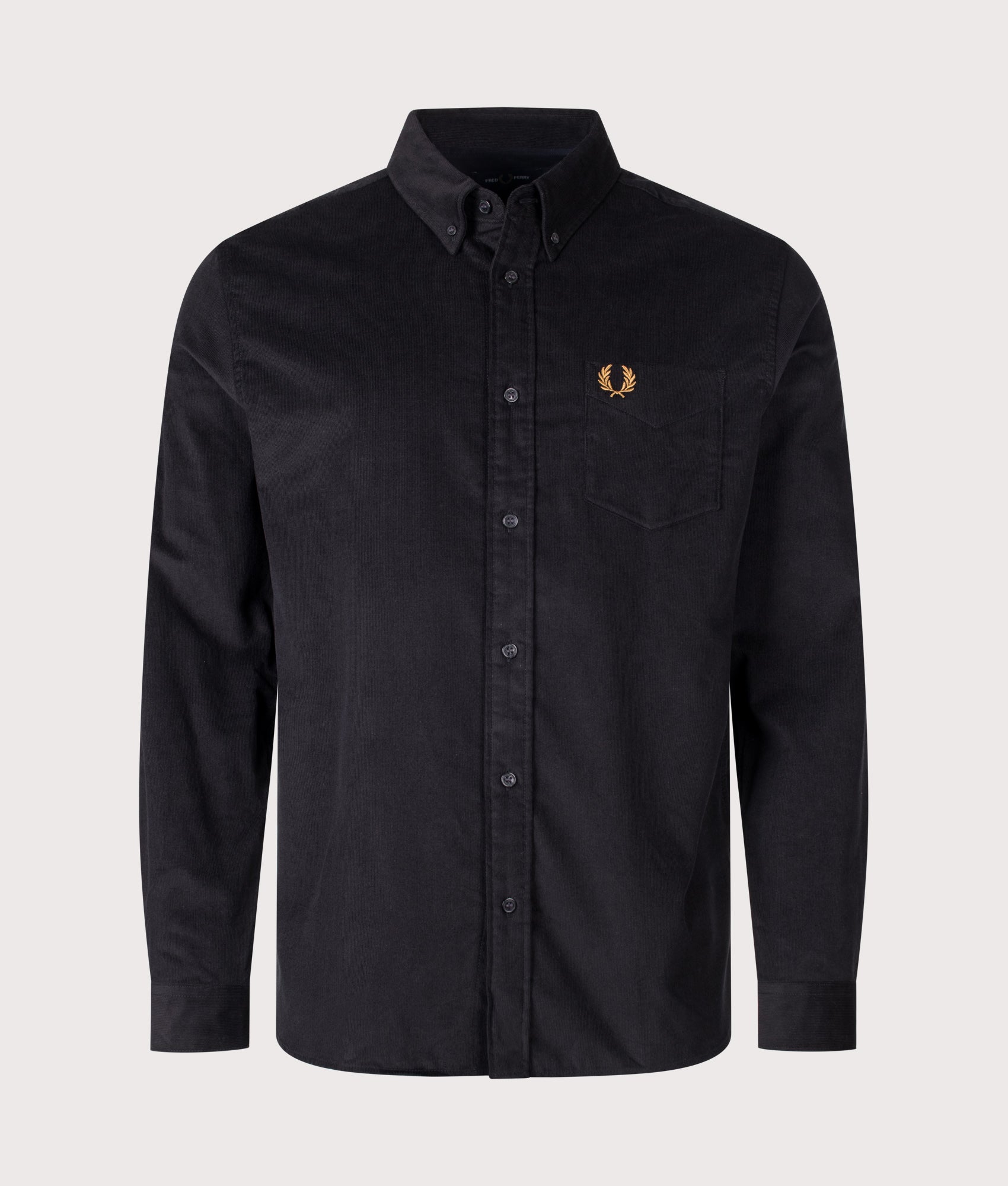 Fred Perry Regular Fit Needle Cord Shirt in Black at EQVVS Menswear. Front shot.
