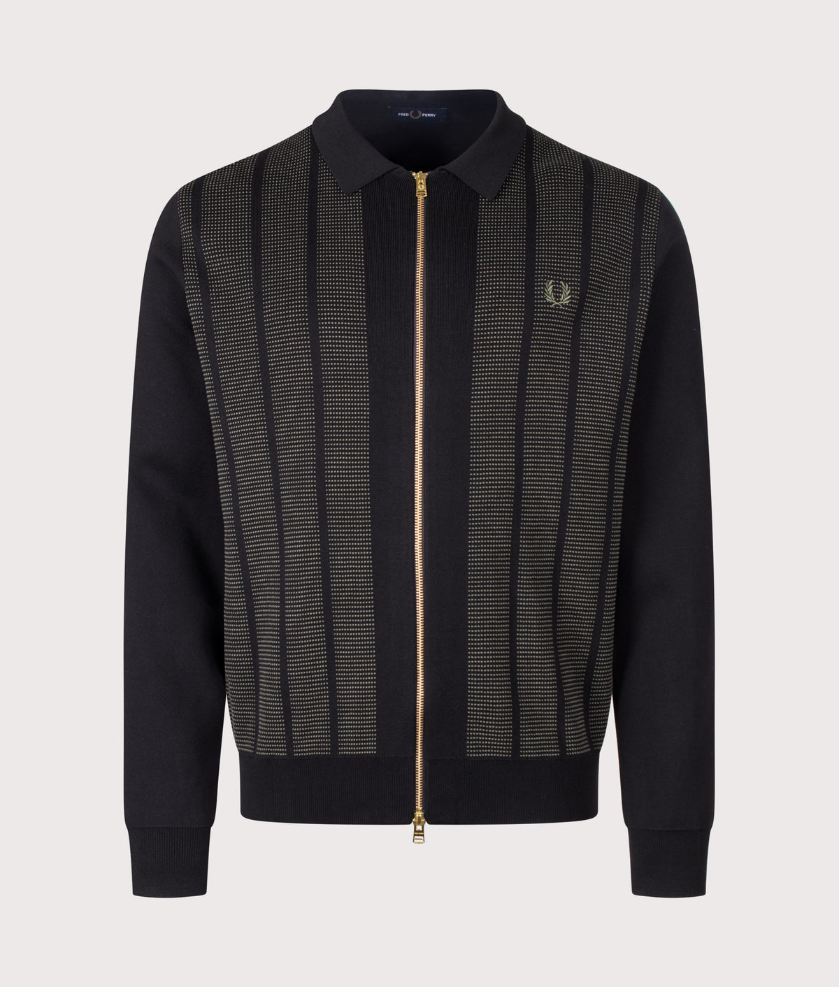 Fred Perry Regular Fit Textured Panel Zip Through Cardigan in Black at EQVVS Menswear. Front shot.