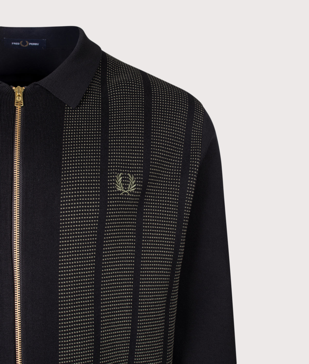 Fred Perry Regular Fit Textured Panel Zip Through Cardigan in Black at EQVVS Menswear. Detail shot.