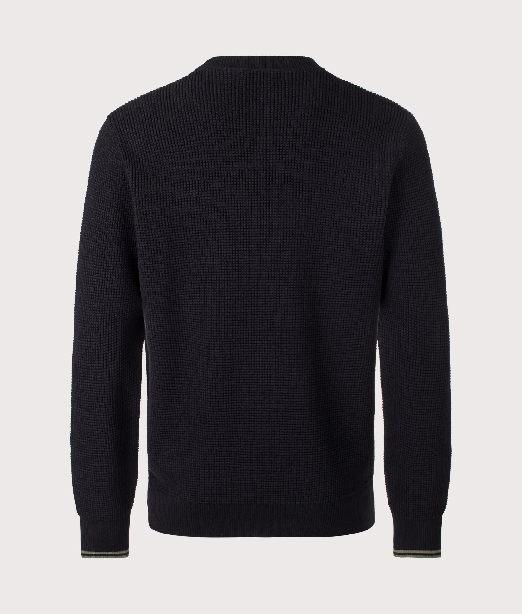 Fred Perry Regular Fit Waffle Stitch Jumper in Black at EQVVS Menswear. Back shot.
