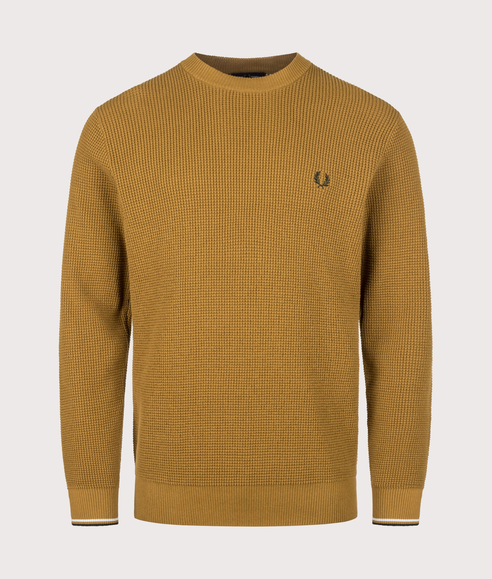 Fred Perry Regular Fit Waffle Stitch Jumper in Dark Caramel at EQVVS Menswear. Front shot.