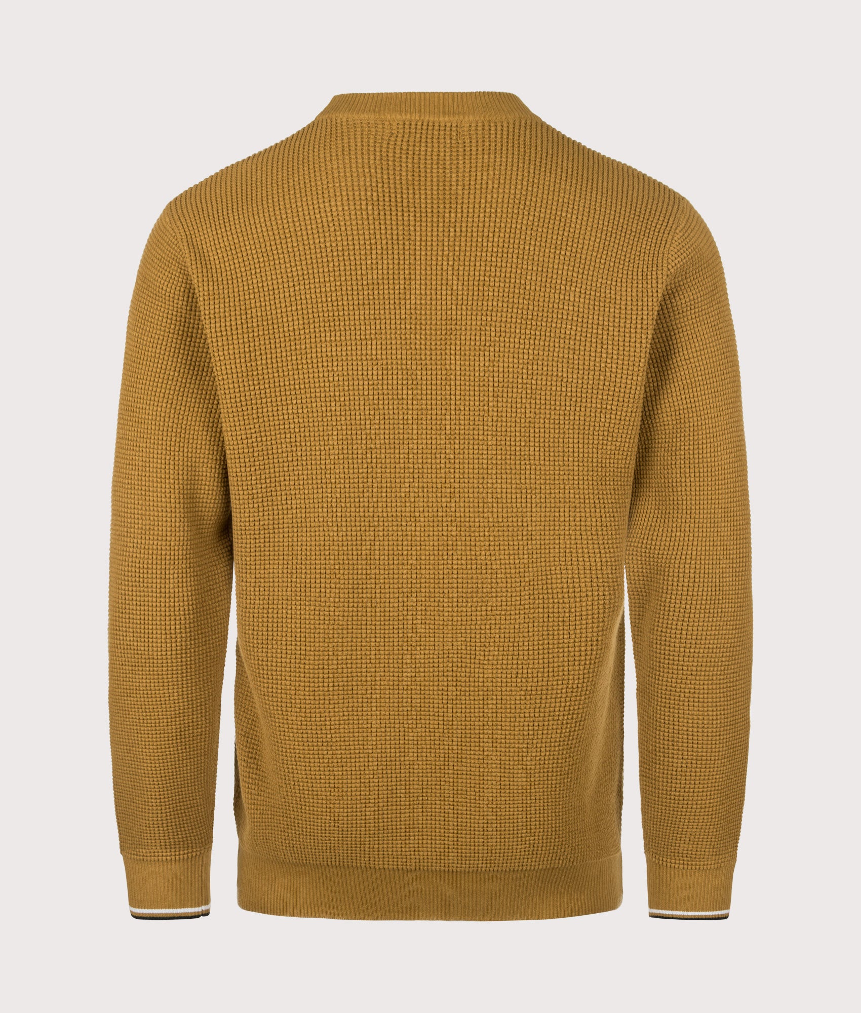 Fred Perry Regular Fit Waffle Stitch Jumper in Dark Caramel at EQVVS Menswear. Back shot.