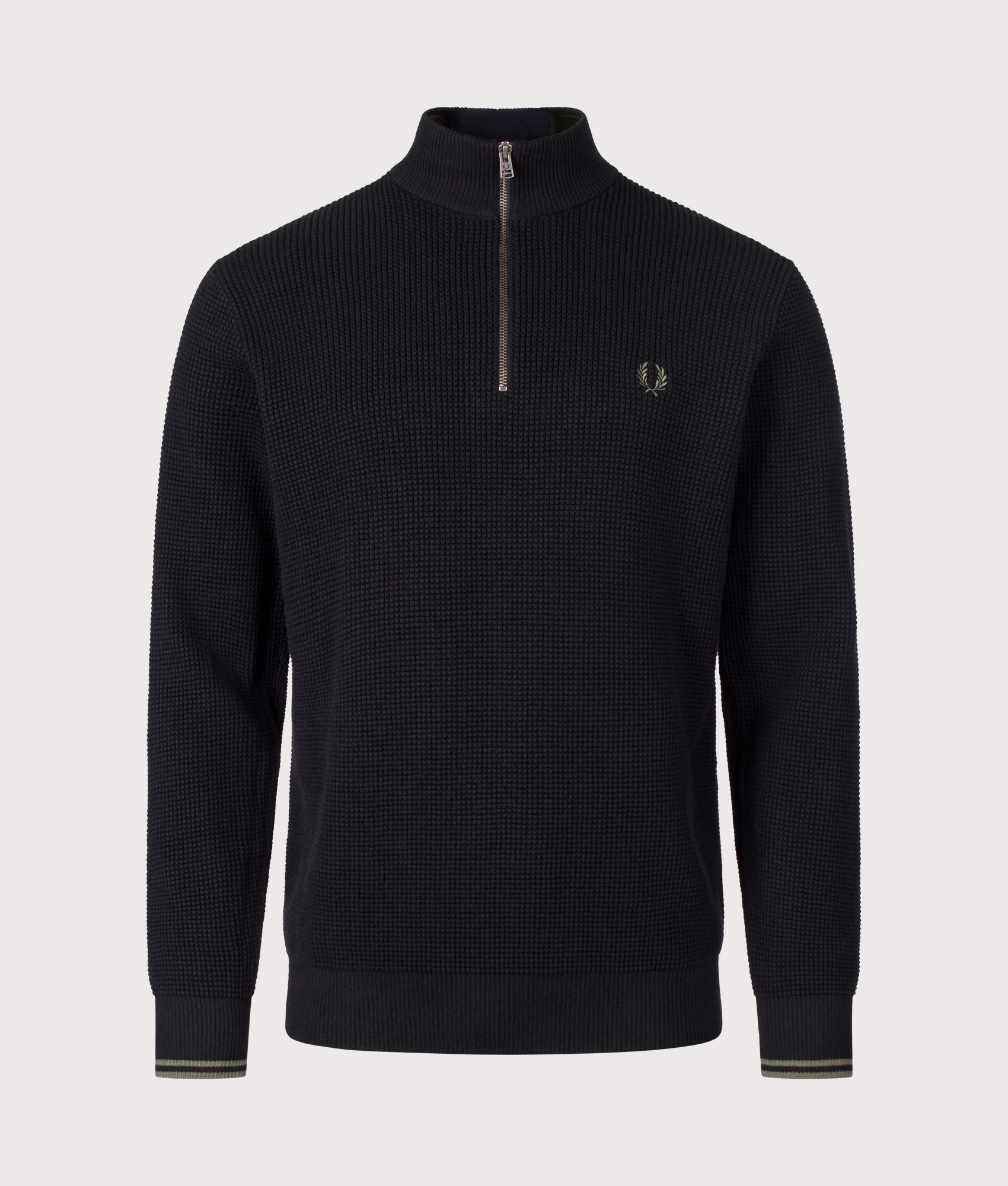 Fred Perry Regular Fit Waffle Stitch Quarter Zip Jumper in Black at EQVVS Menswear. Front shot.