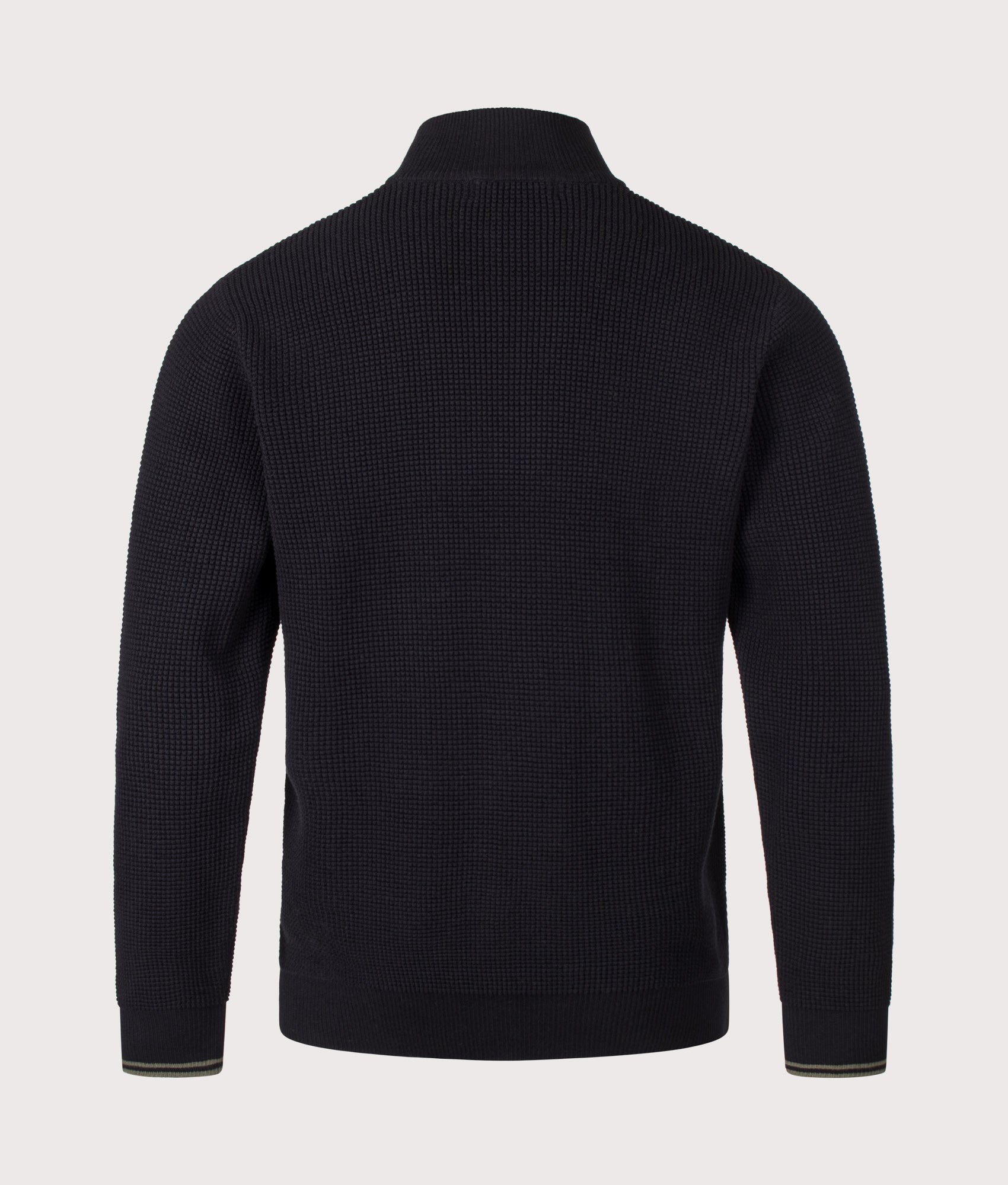Fred Perry Regular Fit Waffle Stitch Quarter Zip Jumper in Black at EQVVS Menswear. Back shot.
